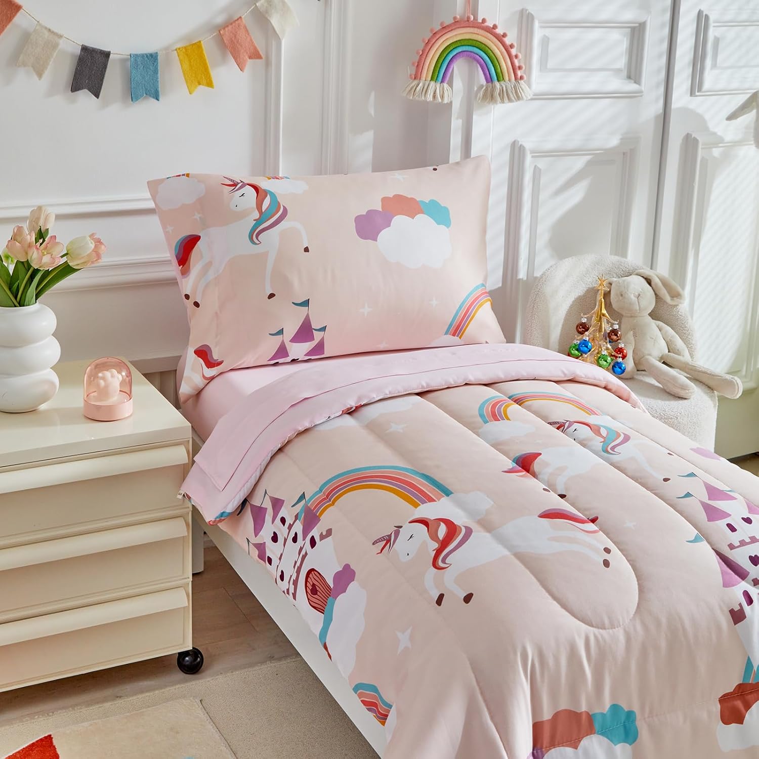 4 Pieces Toddler Bedding Set for Girls Light Pink Unicorn Toddler Bed Set - Soft Castle Rainbow Cute Princess Baby Bed in a Bag - 1 Comforter Set 1 Fitted Sheet 1 Flat Sheet 1 Pillowcase