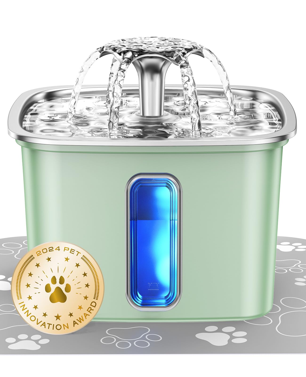 veken innovation award winner stainless steel cat water fountain, 108oz/3.2l automatic pet fountain dog water dispenser with replacement filters & silicone mat for cats, dogs (tea green)