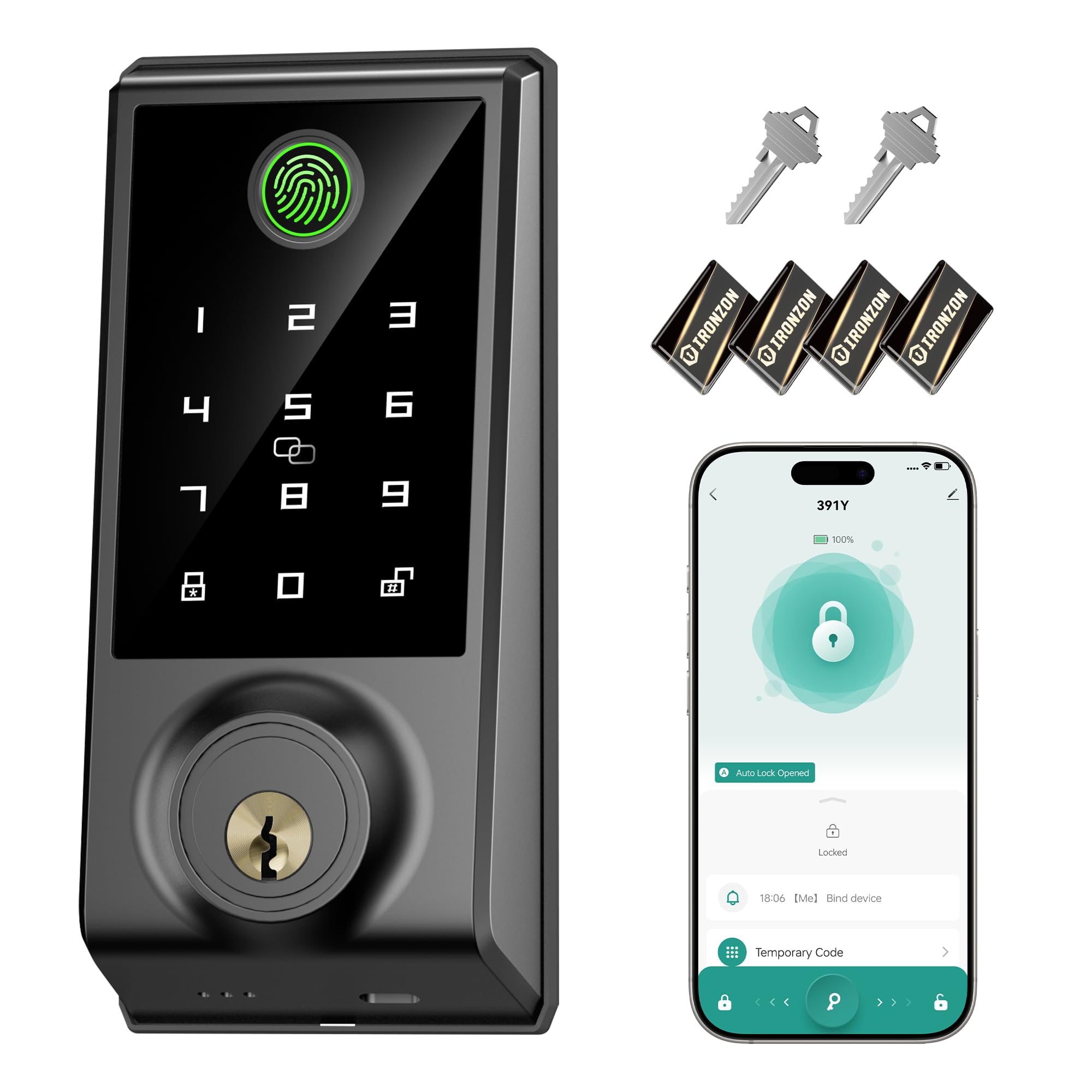 Photo 1 of IRONZON Smart Door Lock, 5-in-1 Keypad Deadbolt for Front Door, Keyless Entry Door Lock with App Control, Auto-Lock, Anti-Peeping Password, 4 IC Cards, 15-Min Installation, Black