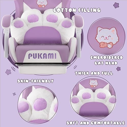 Miniatura 5 de PUKAMI Silla de Juego Linda con Orejas de Gato, Silla de Computadora Ergonómica para Niña con Reposapiés y Reposacabezas, Silla de Juego de PC