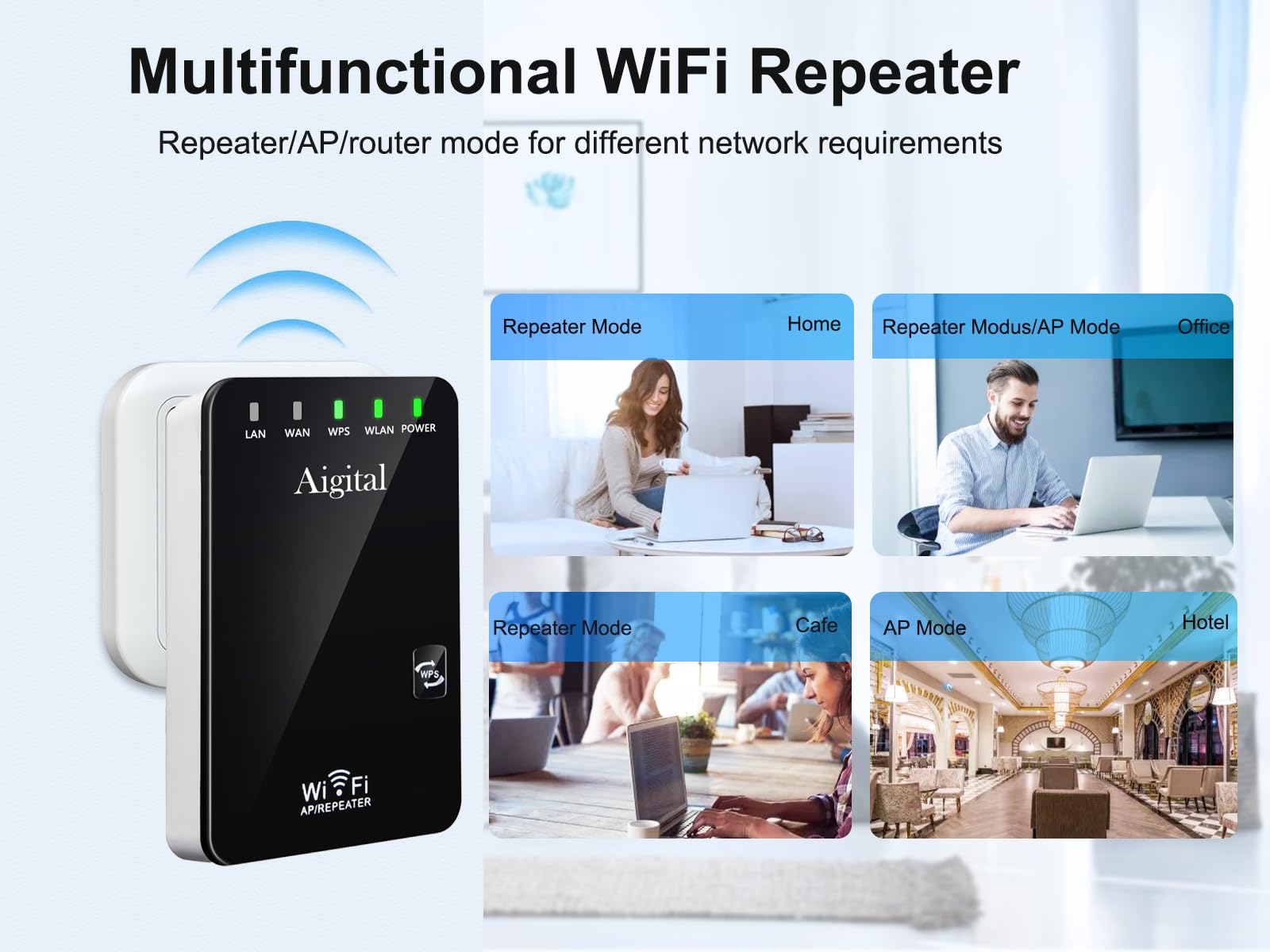 Ripetitore WiFi Wireless 300Mbps, Mini Compact Amplificatore WiFi, WiFi Extender e Access Point, Porte LAN, 2 Antenne, Pulsante WPS, Ribetitore Segnale WiFi Casa Compatibile con Modem Fibra e Adsl