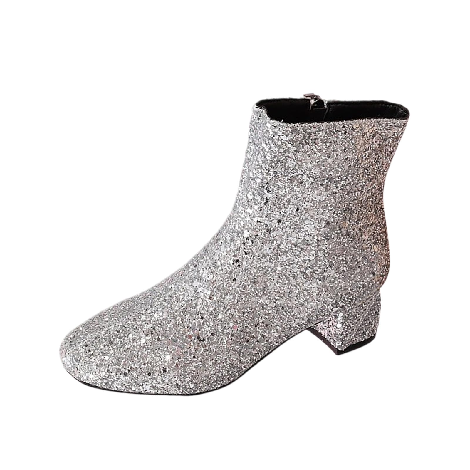Womens Sparkly Glitter Boots Chunky Heels Ankle Booties Side Zipper Block Heeled Short Boot Wedding Bridal Party Dress