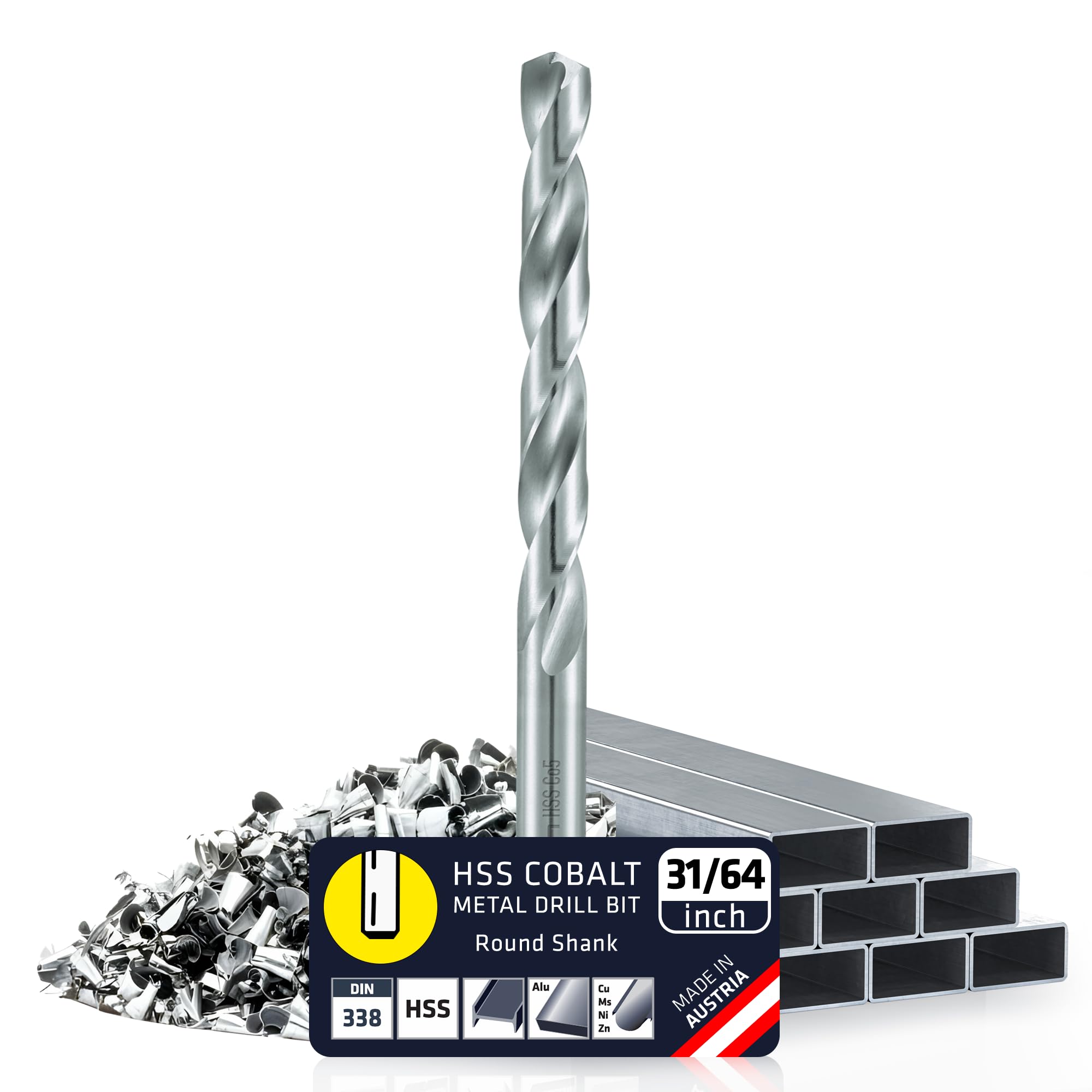 Alpen Juego de brocas de metal HSS Co de 31/64 pulgadas, juego de brocas de acero con 5% de aleación de cobalto para materiales resistentes, juego de brocas para metal, acero inoxidable y aceros