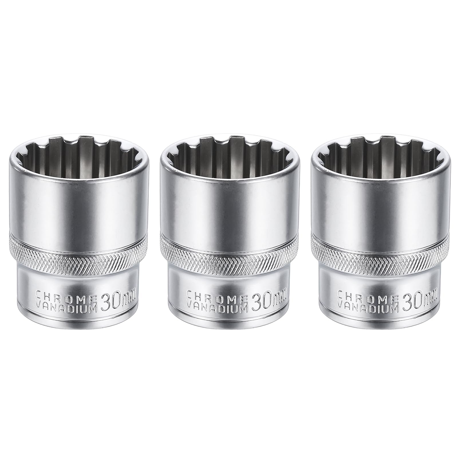 sourcing map 3pcs 12 Points Socket 1/2" Drive 30mm Metric Shallow Socket 1.8" (45mm) Long CR-V Steel Nickel Plating for Home Auto Nuts Bolts Repair