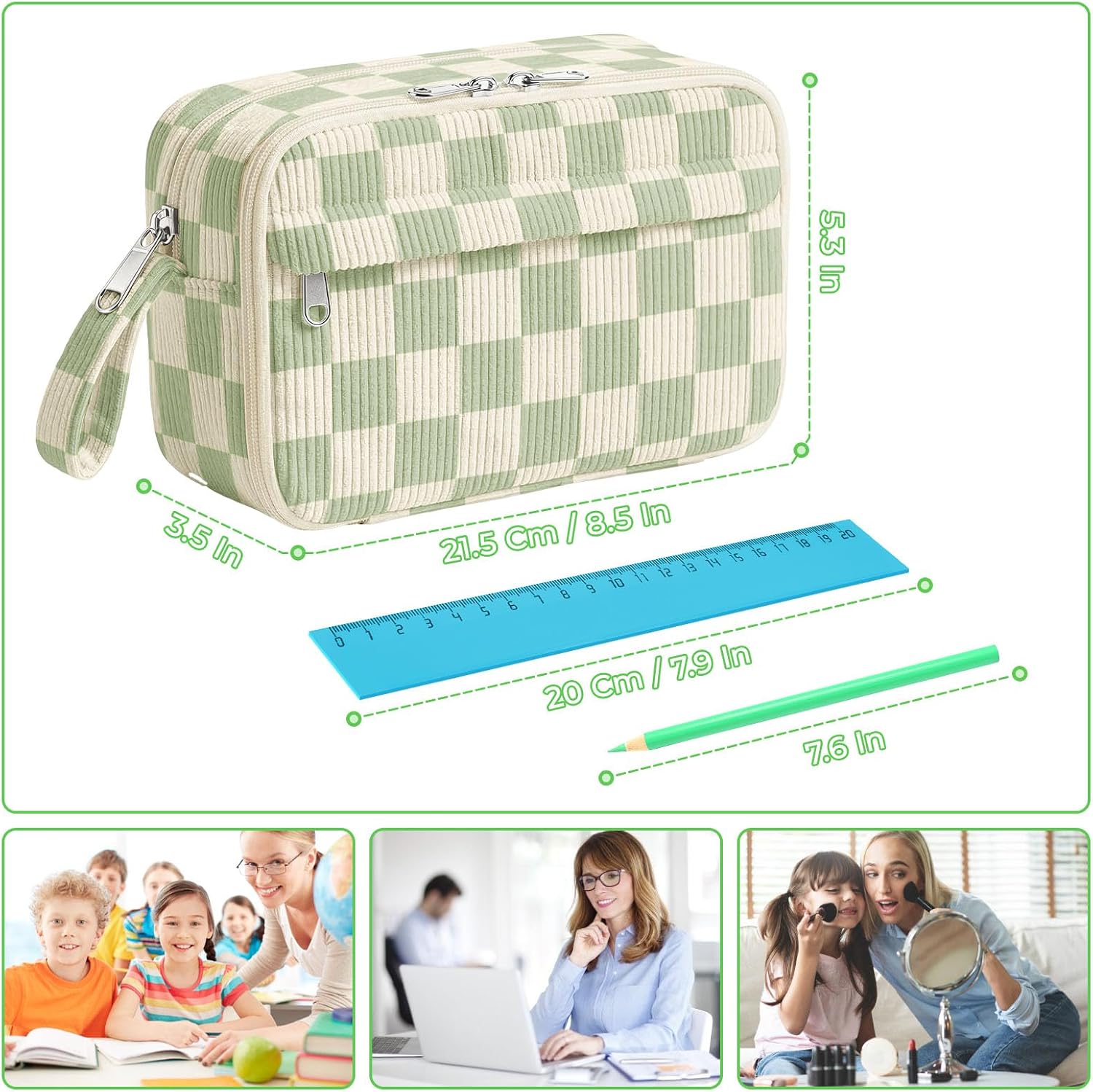 WOBAGMEN Cute Pencil Case,Large Corduroy Zippered Pencil Case Pouch, Aesthetic Pencil Bag with Compartments, Pencil Pouch School Supplies (Green checked)