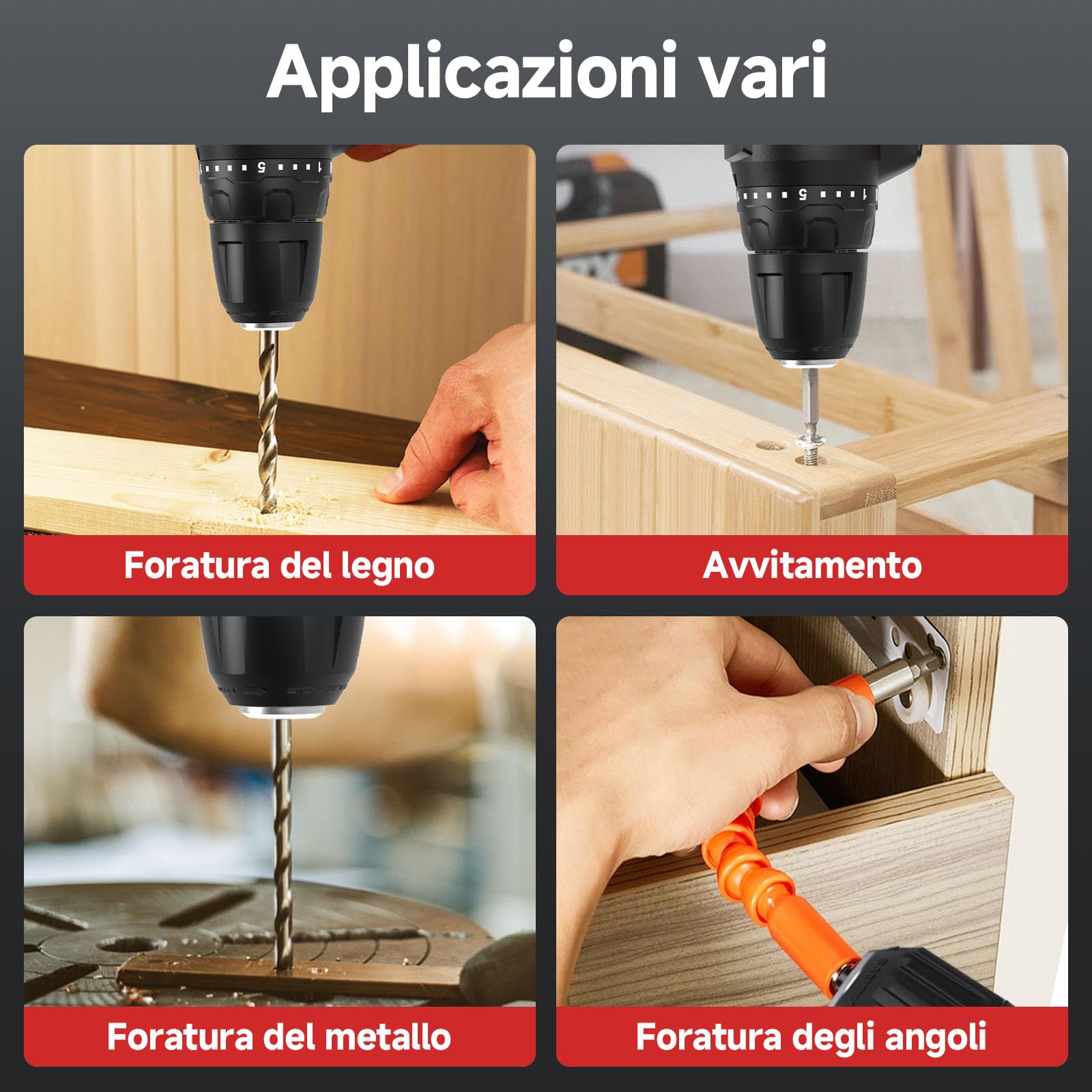 PULITUO Trapano Avvitatore Batteria 20V, Avvitatore a Batteria con 2 Batterie da 2,0 Ah, Mandrino Autoserrante da 3/8", 2 Velocità, 21+1 Livelli di Coppia, Set 42 Pezzi, Kit di Attrezzi per La Casa