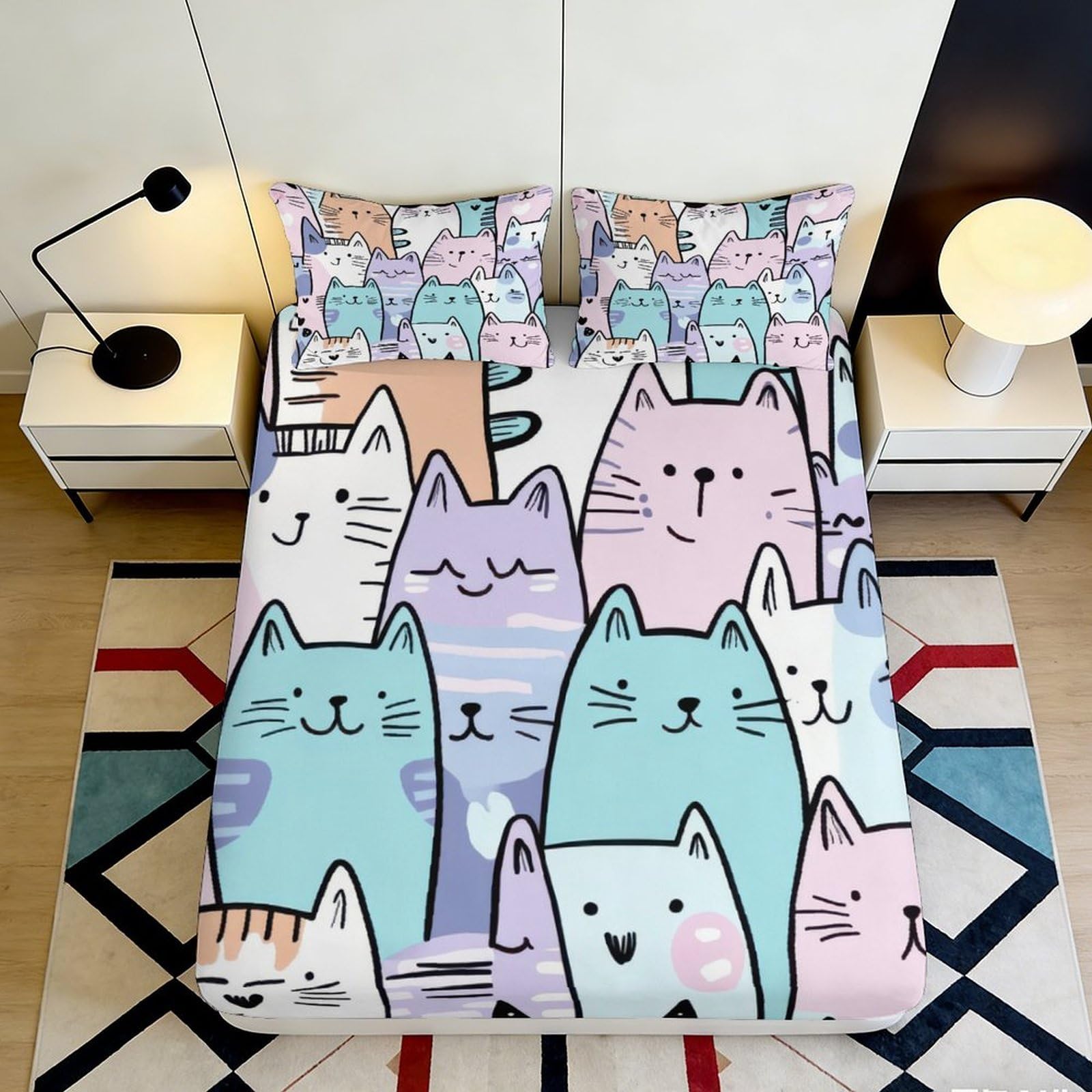 3D Printed Cute Cartoon Cat Fitted Sheet Microfiber Soft Pastel Bed Cover for Bedroom Guest Room Dorm Decor 90x200x25cm