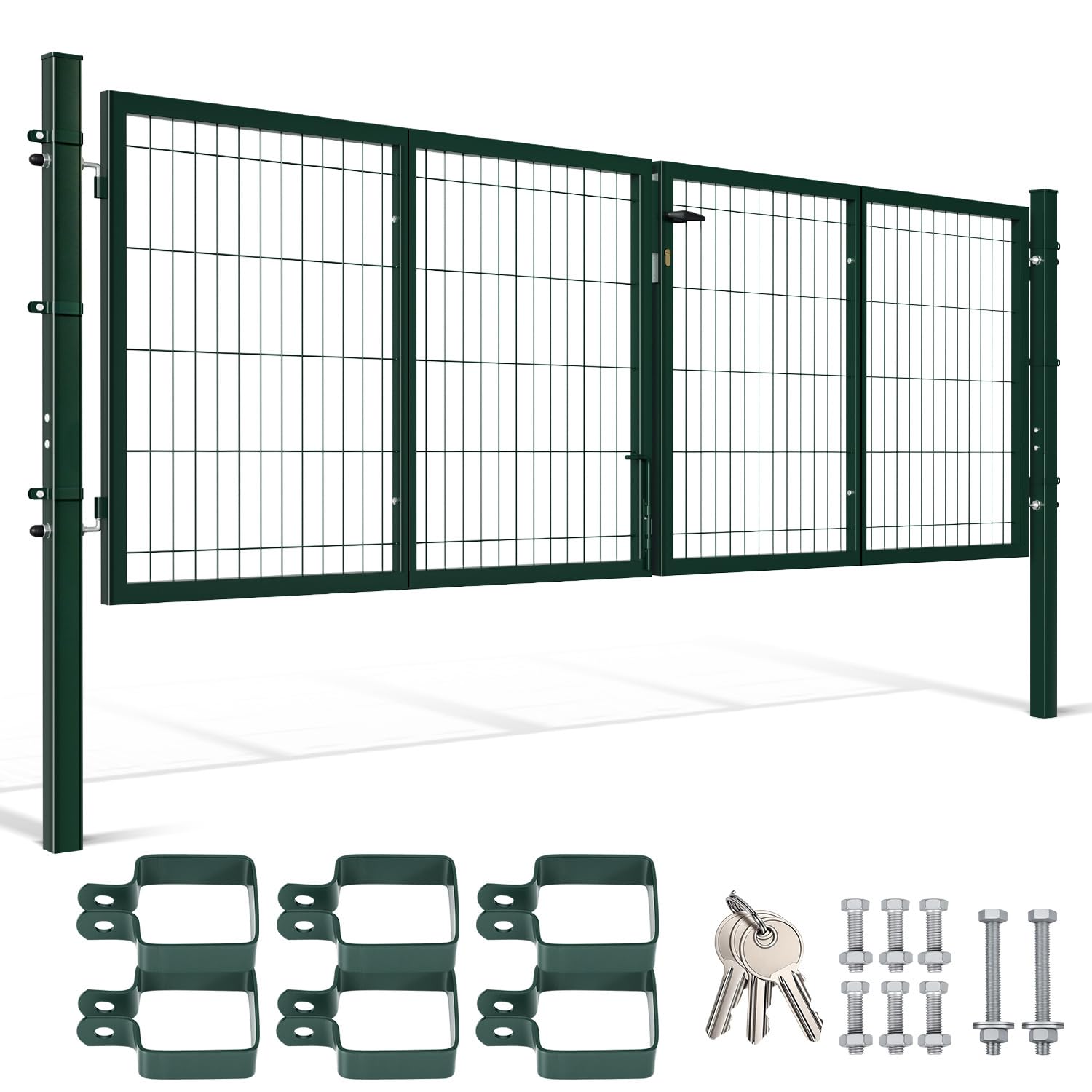 300x100 cm Cancello da giardino in metallo zincato, porta da giardino a doppia anta in acciaio, con maniglia, serratura e 3 chiavi, robusto cancello da cortile, verde