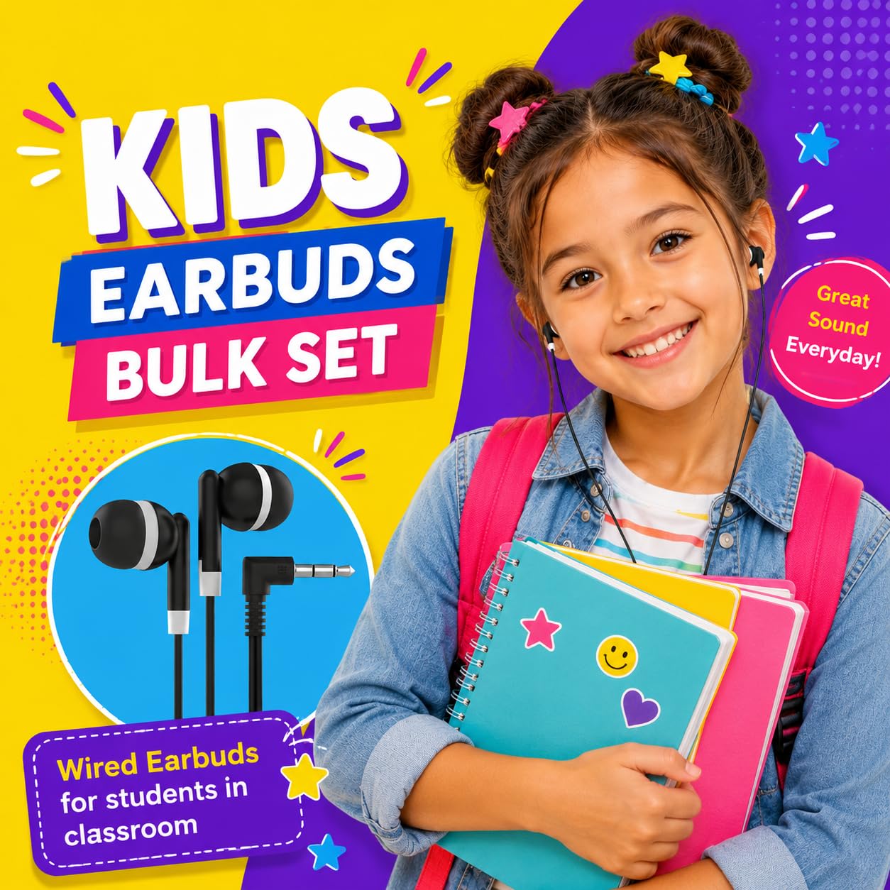 Maeline Bulk Earbuds - Confezione da 100 auricolari in-ear con cavo da 3,5 mm, per studenti, ascolto in classe, test, biblioteche, Chromebook, tablet e laptop