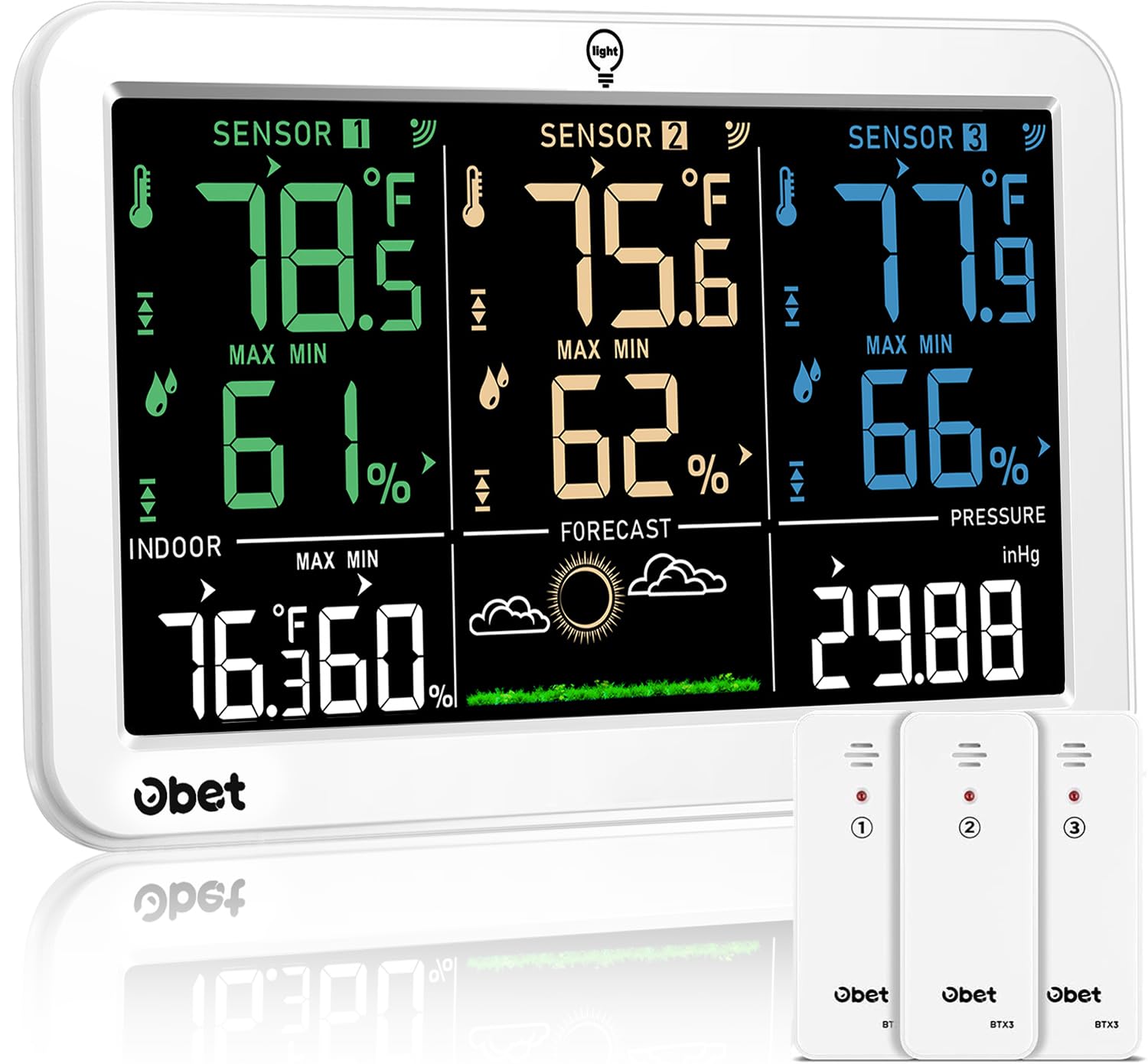 OBET Weather Station Wireless Indoor Outdoor Thermometer Wireless, Color Display Digital Temperature and Humidity Monitor with 3 Sensors, Alerts, Adjustable Backlight, USB Port (500 Feet) White