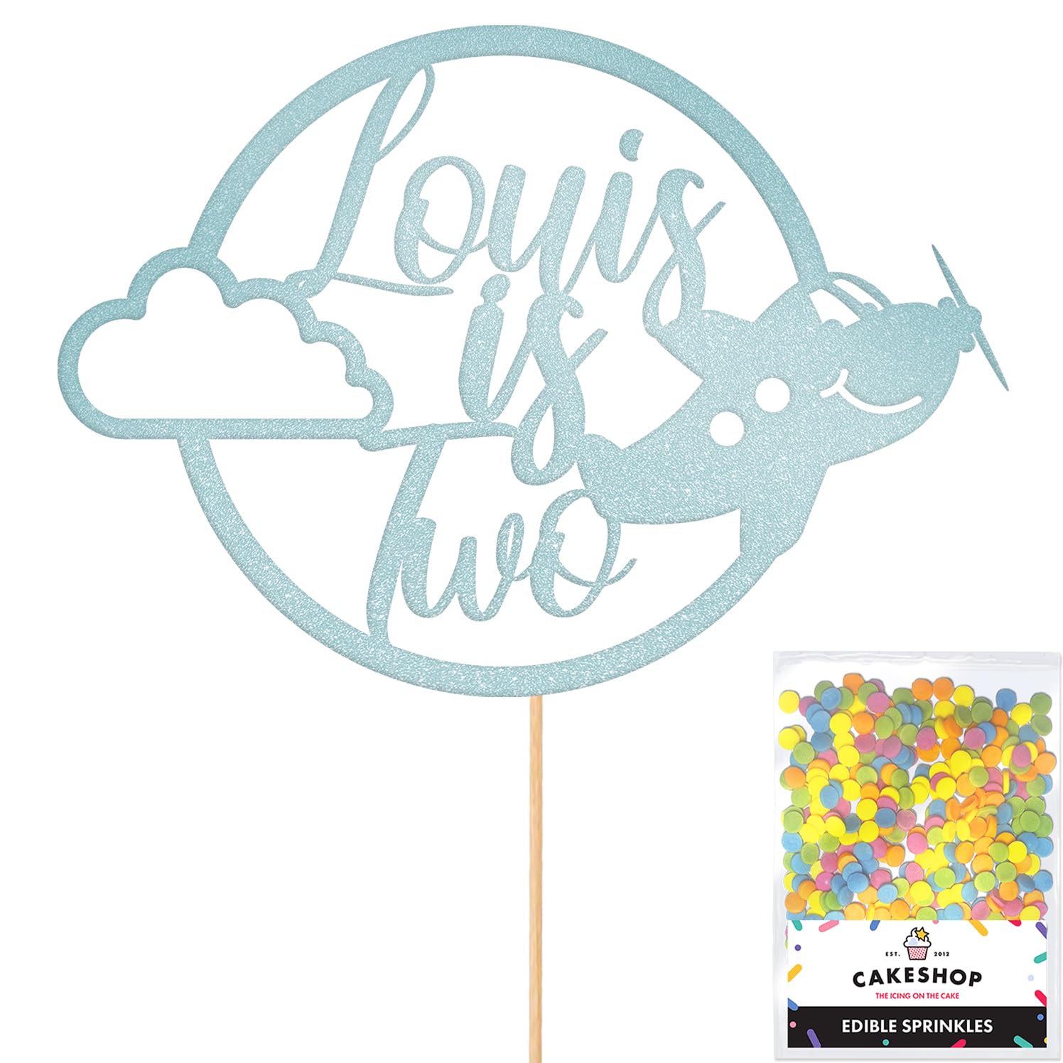 Personalised Plane Aeroplane Glitter Cake Topper- Light Blue Any Custom Age & Name Glitter Cake Decoration and Sprinkles - Happy Birthday Decorations - Personalised Toppers for Cakes by Cakeshop — image 1