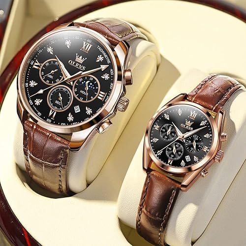 Miniatura 2 de OLEVS Juego de 2 relojes de cuarzo para parejas de San Valentín para él y ella cronógrafo de cuero reloj de pulsera de diamante para hombres mujeres