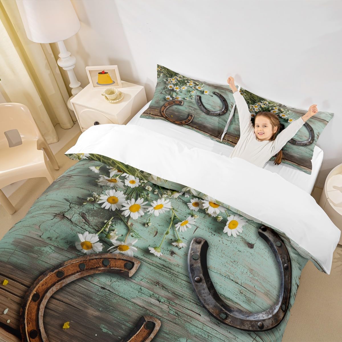 Rustic Farmhouse Duvet Cover Queen Size Horseshoe Western Cowboys Comforter Cover Daisy Flowers Countryside Bedding Set 3pcs for Kids Teens Adults Room Decor Romantic Cyan Quilt Cover,2 Pillowcases