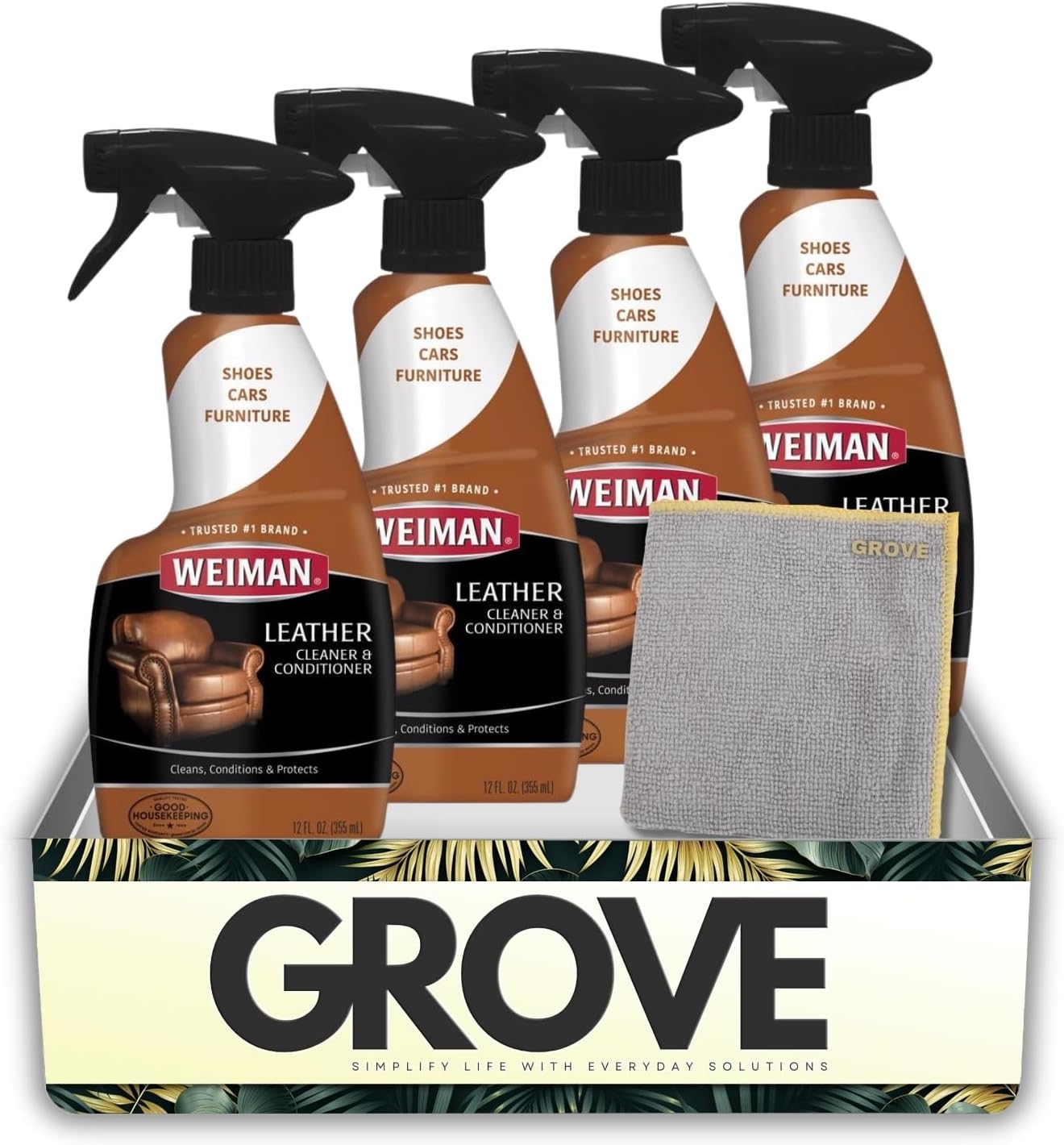 3x Weiman Leather Cleaner and Conditioner 12 oz Bundle with Microfiber Auto Cleaning Cloth – Moisturizes, restores, and protects leather furniture, car interiors, and accessories – Gift Set (4 Items)