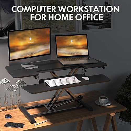 Miniatura 10 de FLEXISPOT Convertidor de escritorio de pie de 35 pulgadas, altura ajustable, para sentarse a ponerse de pie, estación de trabajo para computadora