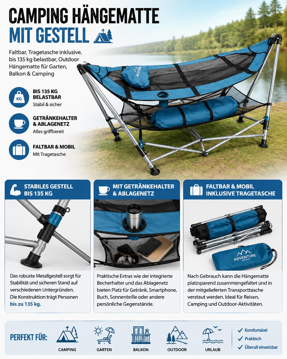 Camping Hängematte mit Gestell Klappbar bis 135 kg – Gartenhängematte Tragbar mit Kissen, Getränkehalter & Tasche – Outdoor Hängematte für Garten, Balkon, Terrasse, Camping & Reisen