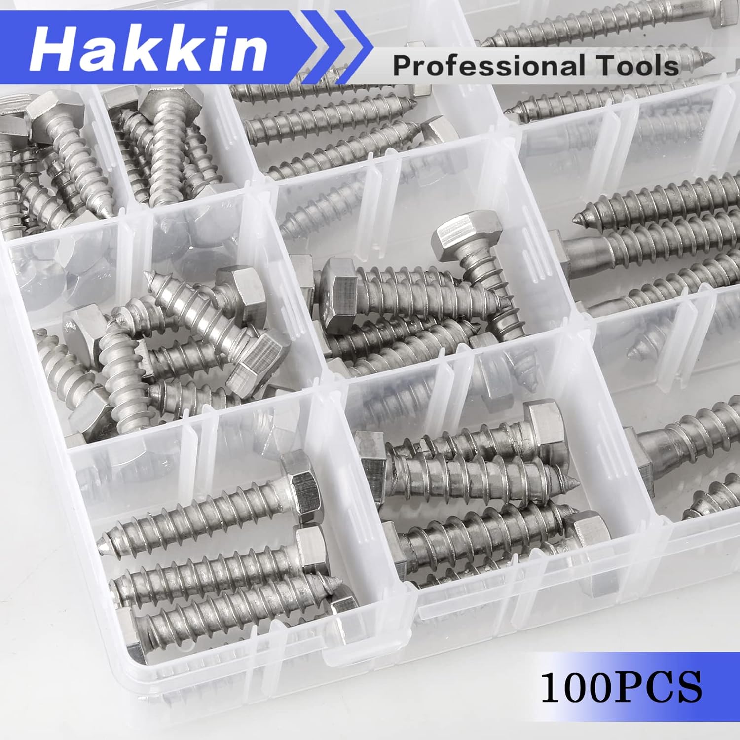 Hakkin 100PCS 1/4" 5/16" 3/8" Hex Lag Bolts Screws Washer Assortment Kit, Hexagon Head Lag Screws 304 Stainless Steel,Heavy Duty Wood Screws Assortment Kit Length Include 1" 1-1/4" 1-1/2" 2"