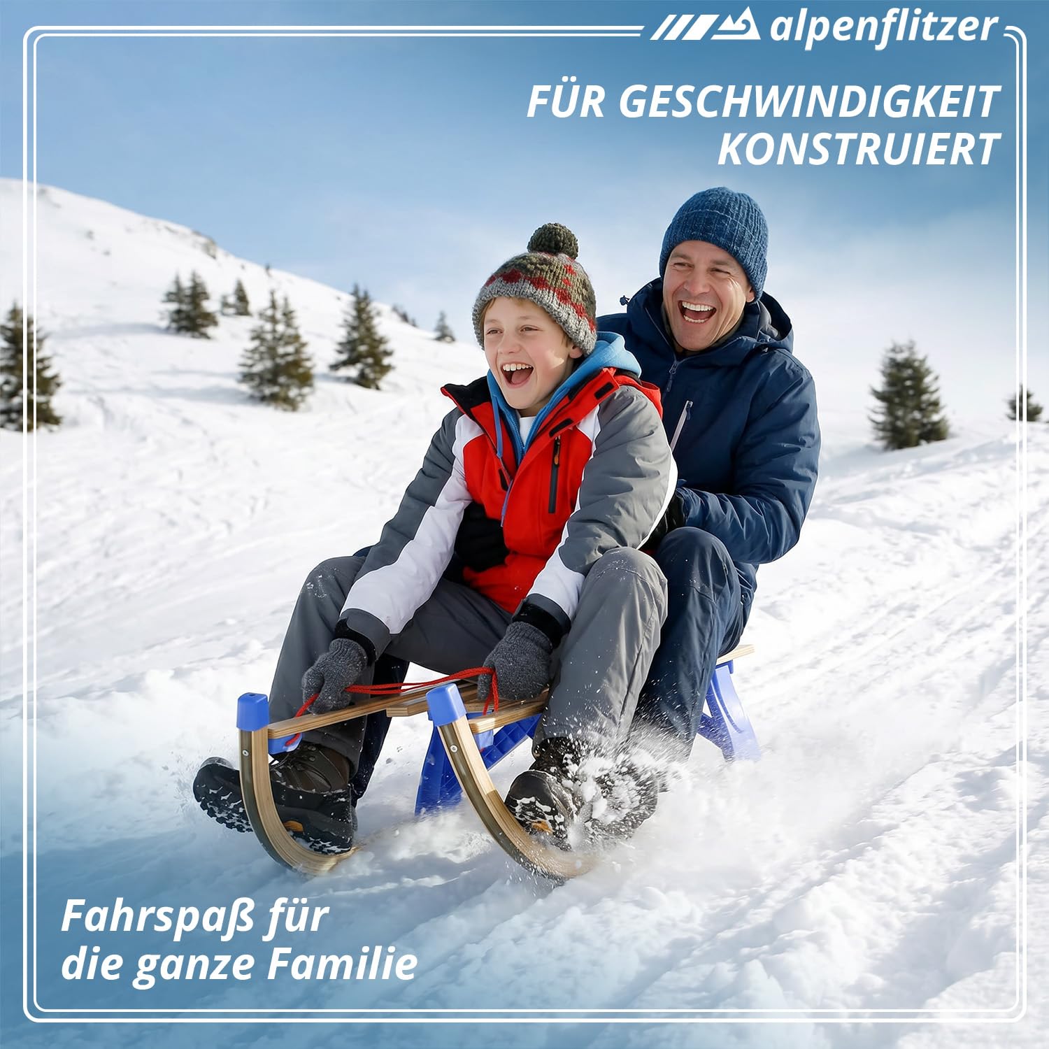 Trineo de Madera Alpenflitzer® con Respaldo 110 cm; Trineo Davos Plegable para niños; Trineo de Madera de Haya de Primera Calidad Trineo Plegable (Modelo 2023)