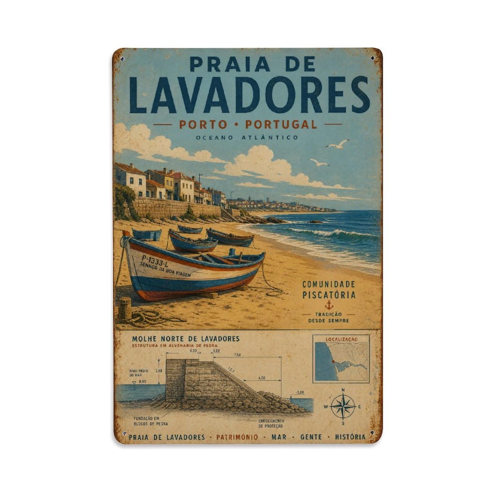 Huiyhb 8X12inch(20X30cm) Vintage Travel Lavadores Beach Atlantic Coastline Portugal Metal Tin Sign