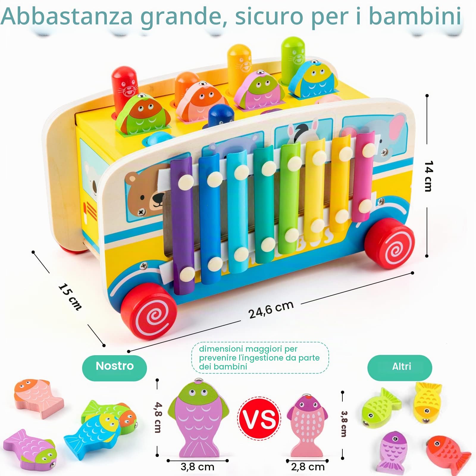 Sundaymot Giochi Montessori 3 Anni, Gioco per Bambini 4 in 1 con Xilofono, Pesca, Whack-a-Mole, Regalo Bambino 3 4 5 6 Anni per Natale, Festa dei Bambini, Compleanno