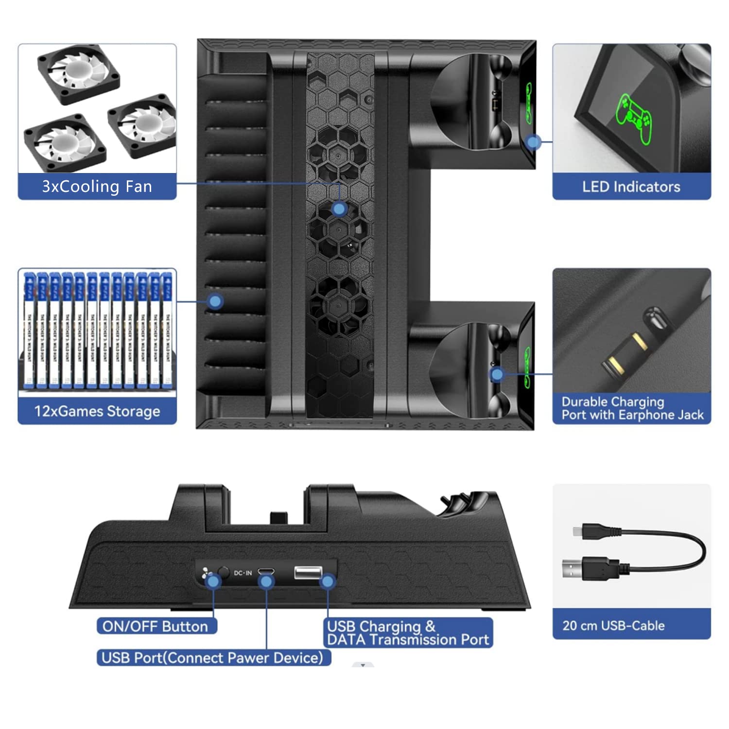 RIXOW Soporte Vertical Ventilador de Refrigeración para Consola PS4/PS4 Slim/PS4 Pro, Estación de Carga para 2 Mandos con Indicadores LED y Almacenamiento para 12 Disco de Juegos