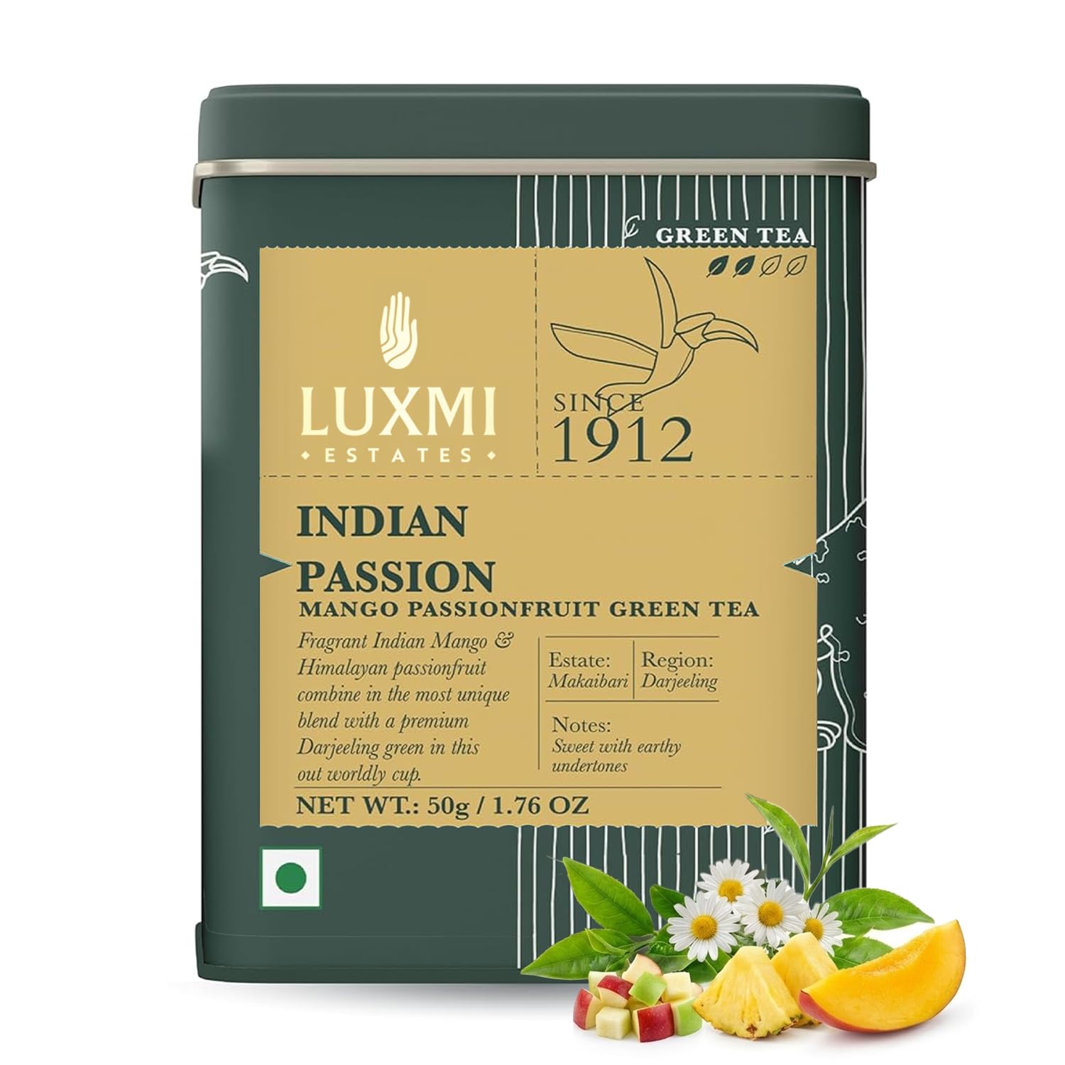 Luxmi Estates - Indian Passion 50g, 1.76 Oz loose tin caddy, Herbal tea Mango Passionfruit Green Tea 50 g (25 cups)