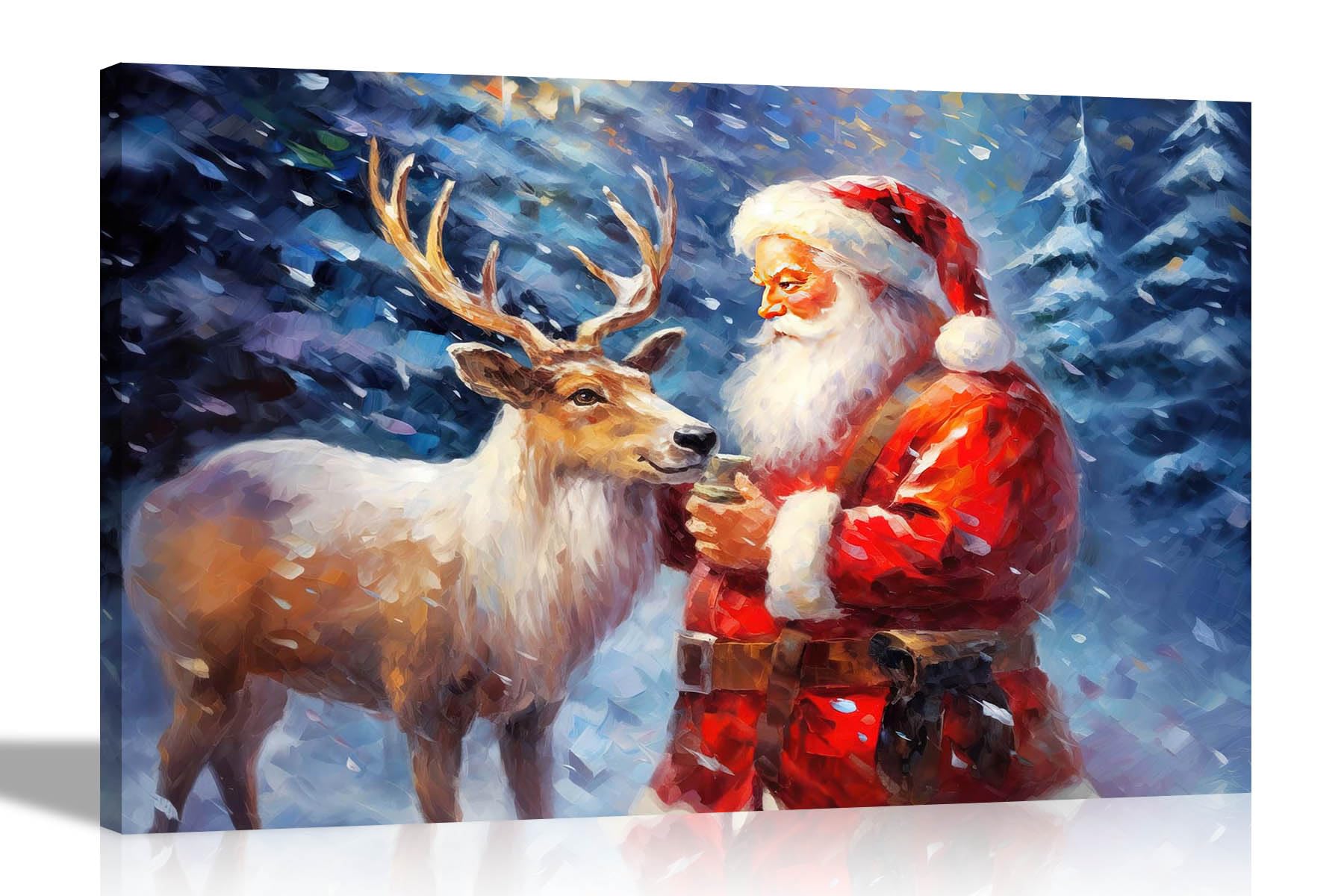 Artley Prints Santa Feeding Reindeer - Canvas Wall Art Prints Home Decor Framed Colourful Pictures Reprint Large 86 X 61Cm (34 X 24 Inches) A1