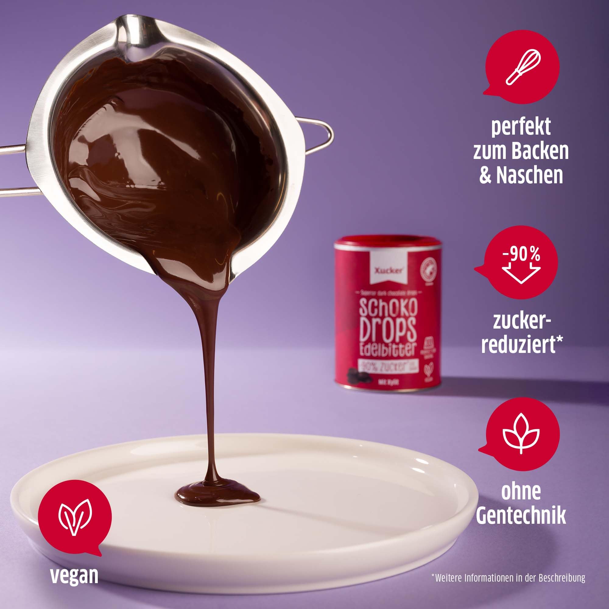 Xucker Schoko Drops Edelbitter 750g - Xucker Schokolade mit Xylit Zuckerersatz I Vegane Schokodrops I Zuckerreduzierte Süßigkeiten zum Backen (min. 75% Kakaoanteil)
