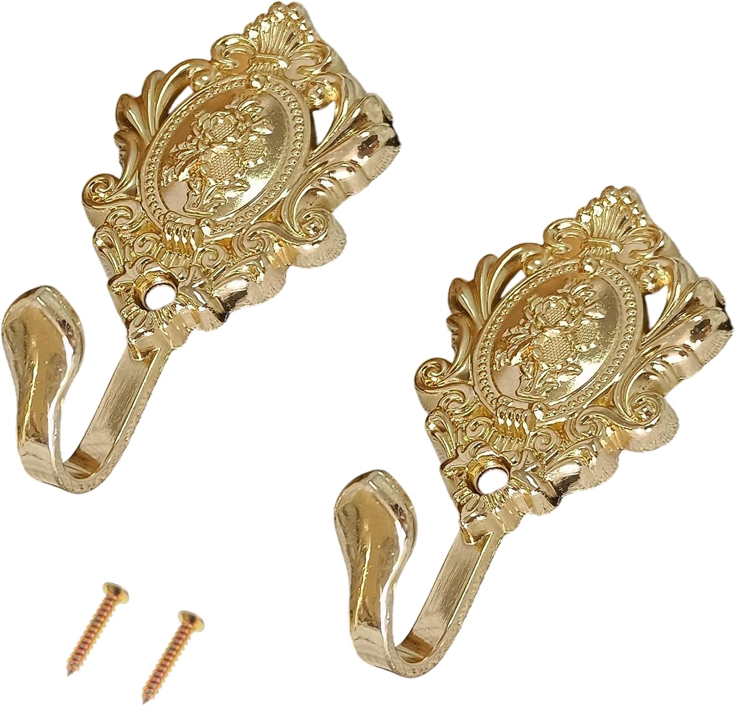 Vintage Rose Gold Wall Hooks 2-Pack – Rose Pattern Decorative Holdbacks for Towels, Coats, Keys & Jewelry, Rustic Curtain Tiebacks with Screws for Bathroom, Kitchen, Bedroom Décor