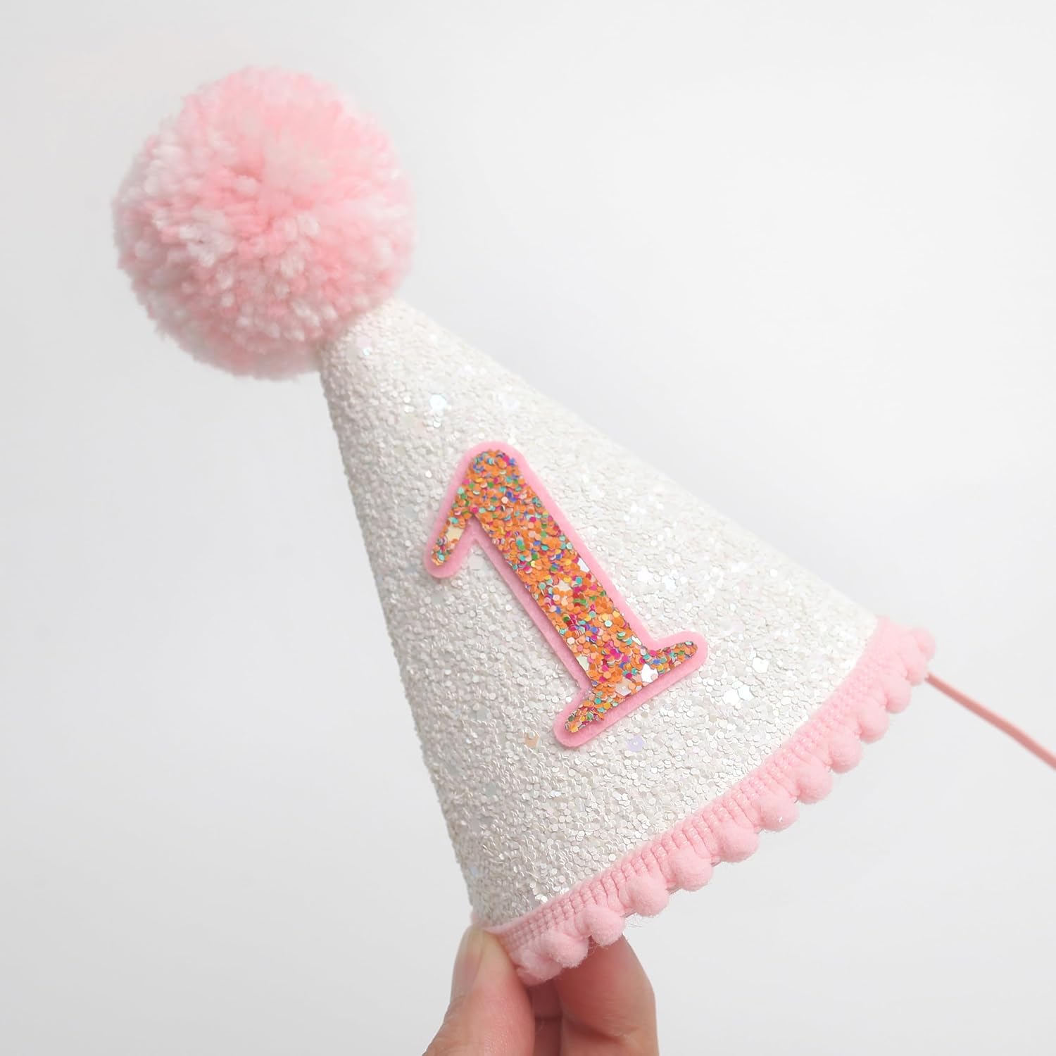 KOJIN First Birthday Hat For Girls，Pink 1st Birthday Crown For Girls，Glitter Birthday Hat With Pink Topper, Birthday Decoration For Girls，1st Birthday Cake Smash Props - Image 4