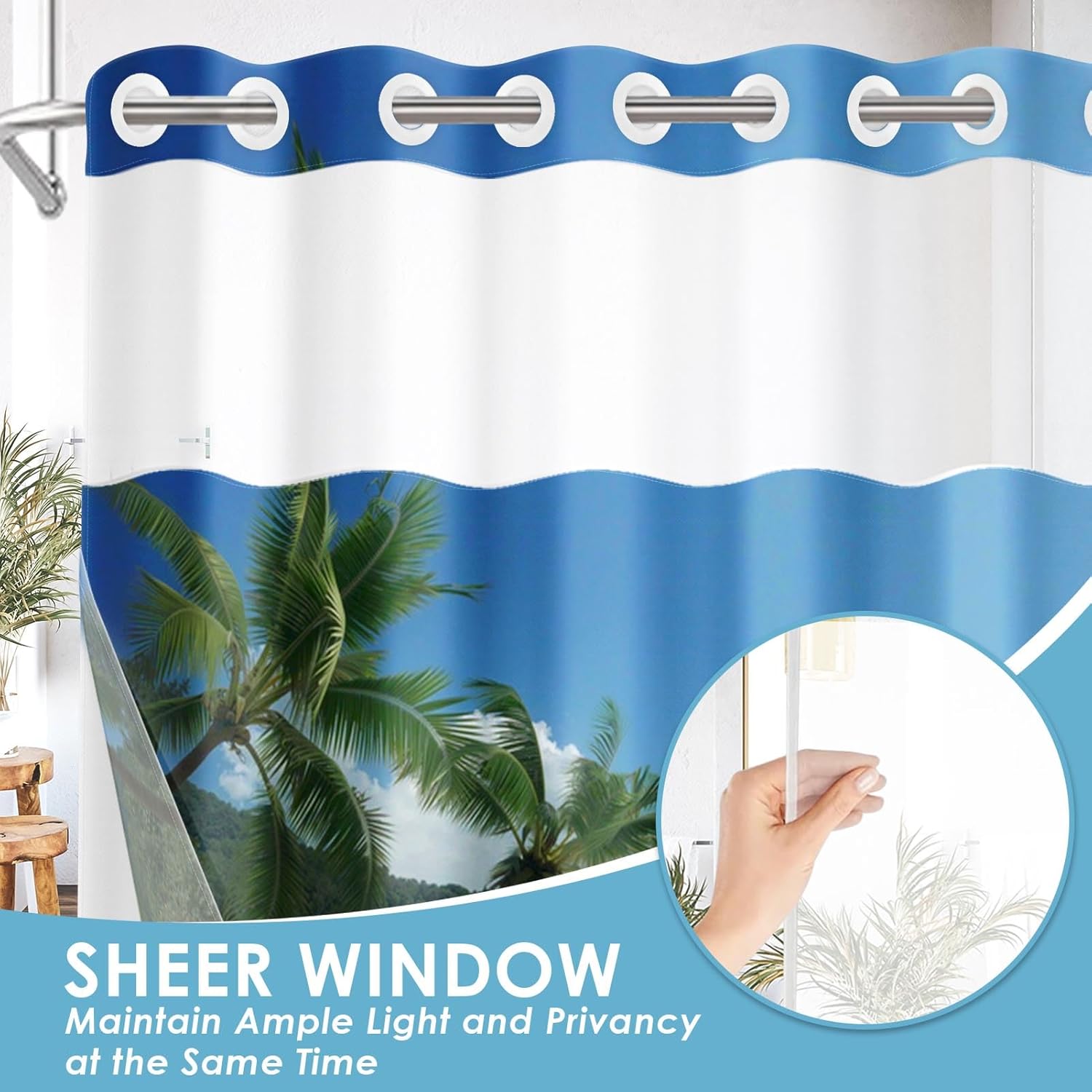 No Hook Beach Palm Tree Shower Curtain with Snap in Fabric Liner Set, Ocean Sea Summer Hawaiian Double Layers Waterproof Fabric with See Through Top Window Open Grommet Bath Curtain 71x74 Inch