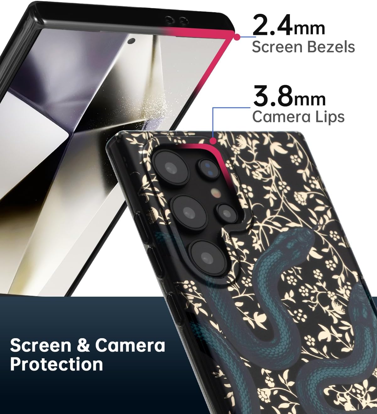 SCORPIFY Compatible with Samsung Galaxy S25 Ultra Case [Compatible with MagSafe] for Matte Black Double Snake Design, Cute Magnetic Phone Cover for Women Girls and Men, Gold Accents
