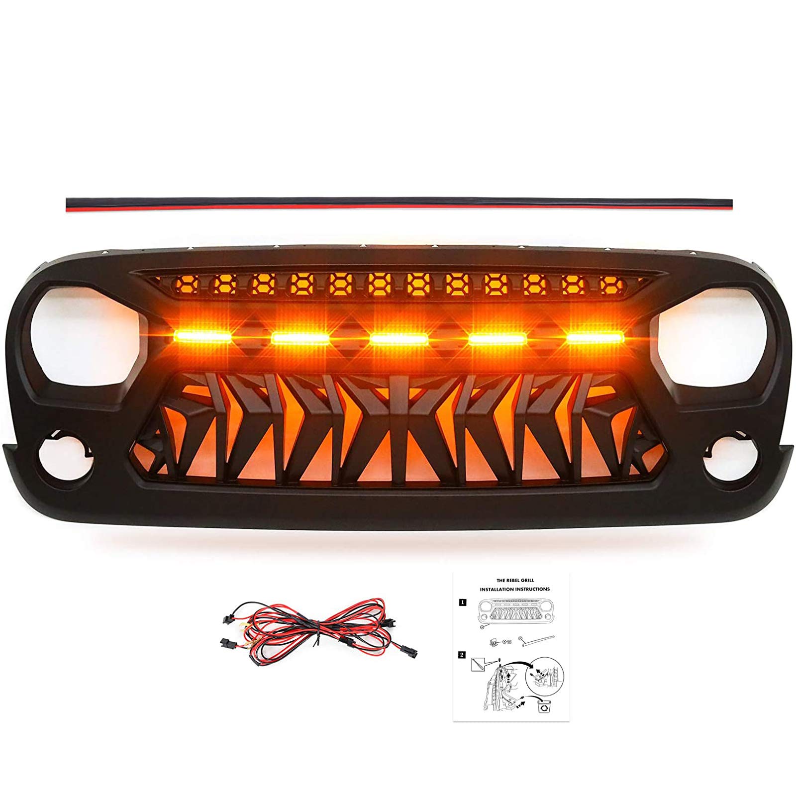 Haitzu Shark Grill Fit for Jeep Wrangler 2007-2018 JK Accessories, Matte Black Grille with 5 Amber Lights Including JKU Unlimited Rubicon Sahara Sport