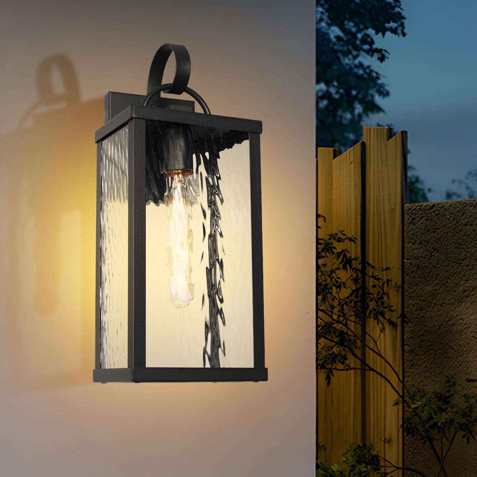 Zewnętrzna oprawa oświetleniowa, nowoczesna czarna zewnętrzna lampa ścienna ze szkłem falującym wodą, dom wiejski vintage wodoodporny kinkiet ścienny ganek światło na patio, garaż, drzwi