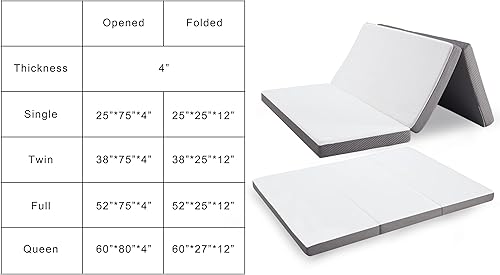 Miniatura 7 de Kingfun Colchón Plegable de 4 Pulgadas, Colchón Plegable Tri-fold de Espuma Viscoelástica de Gel Transpirable con Bolsa de Almacenamiento, Cama de