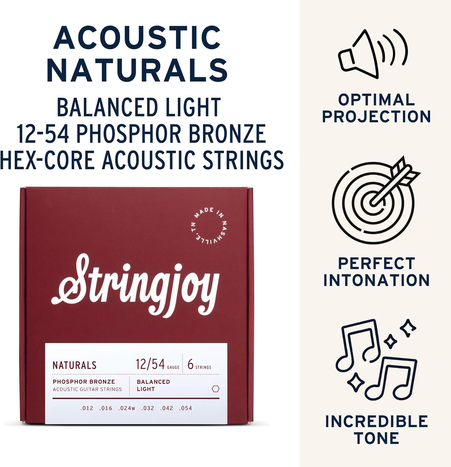 Stringjoy Naturals 12-54 Balanced Light Gauge guitar strings – Phosphor Bronze Acoustic Guitar Strings - Balanced Tension & Optimal Tone for Lead, Rhythm, or Fingerstyle, Acoustic 6 String Set, 2-Pack