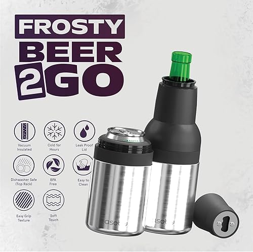 Miniatura 2 de Asobu Frosty Beer Holder 2 Go - Enfriador de latas y botellas de cerveza de acero inoxidable de doble pared con aislamiento al vacío y destapador