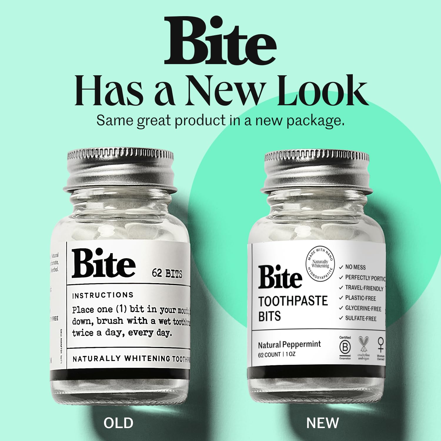 Bite Whitening Toothpaste Tablets – 2 Months – Fluoride Free, Nano Hydroxyapatite + Xylitol, Mint – Vegan, Cruelty-Free, Made in USA, Sensitive Teeth, Travel Size, Adults, Kids, (2 Bottles, 124 Tabs)