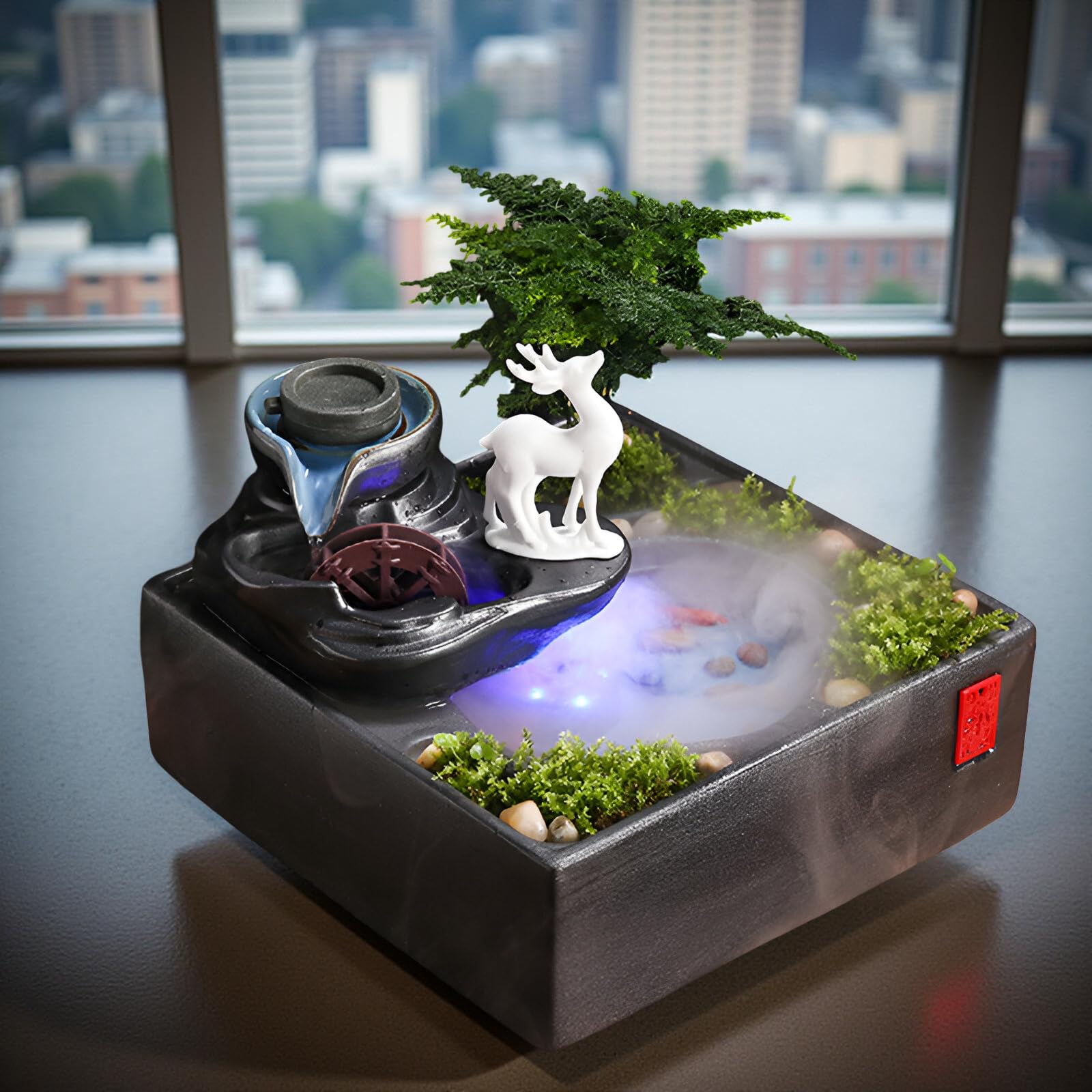 Zen Fontana d'acqua da scrivania con luce LED e nebulizzazione, fontana Feng Shui che scorre per casa, ufficio, meditazione e relax + 10 cristalli naturali gratuiti (stile A + nebulizzazione)