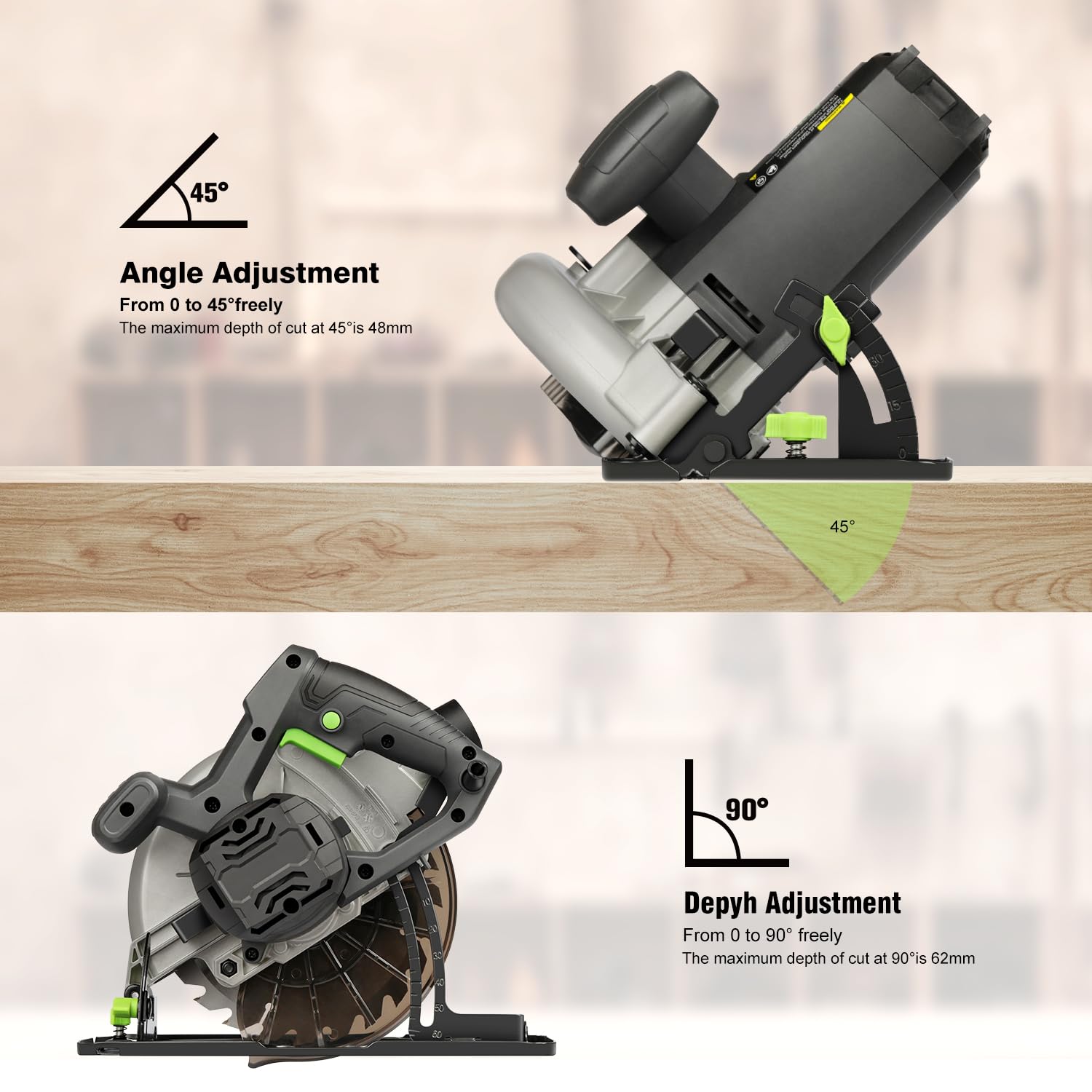Scie Circulaire 1400W GALAX PRO, Scie Circulaire pour le bois, 6000 RPM, Profondeur de Coupe Max: 62 mm (90°) et 48 mm (45°), moteur en cuivre pur, Lama 185 mm