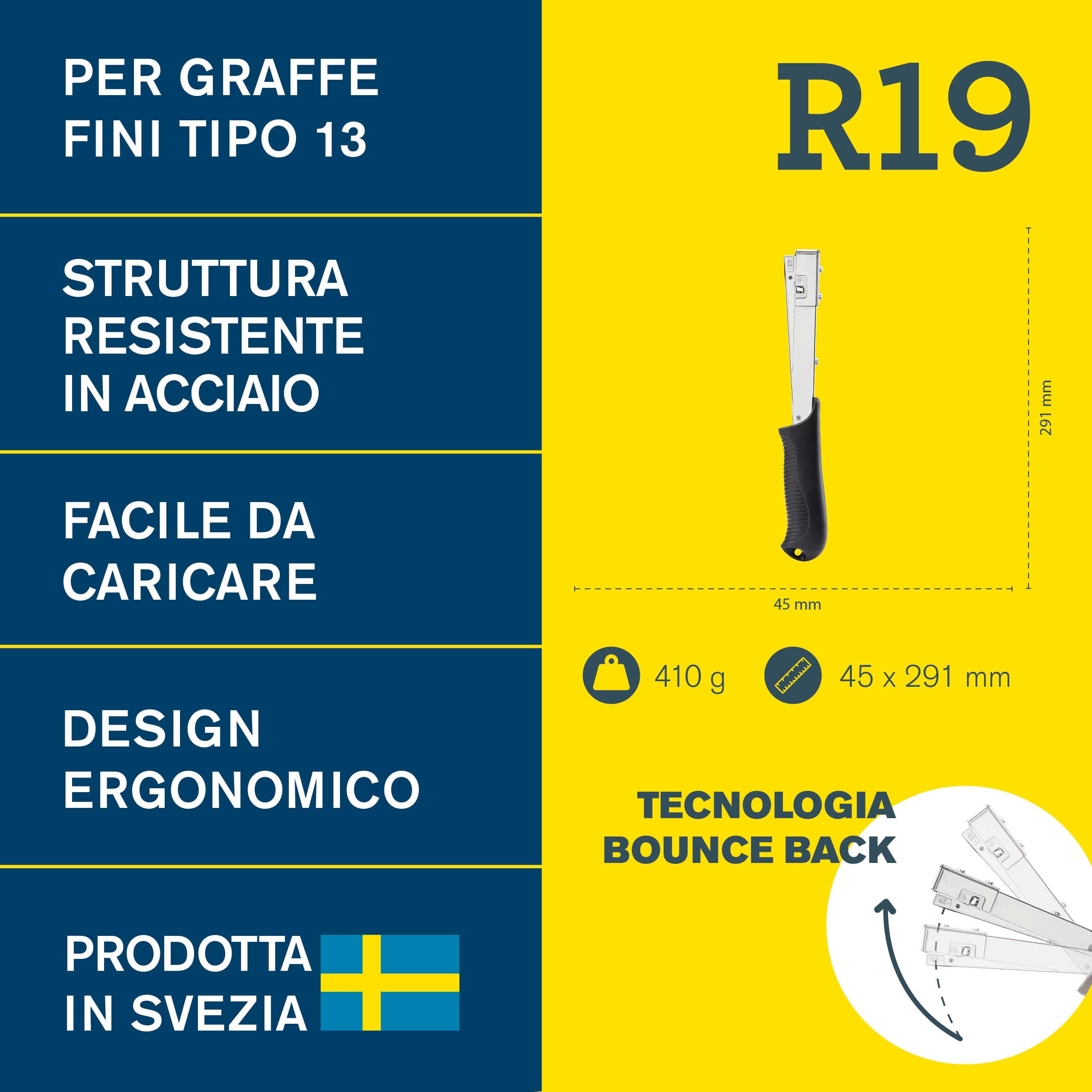 Rapid Pro R19E Graffatrice a Martello in Acciaio per Fissare Etichette, Poster e Tessuti al Legno, Contiene fino a 156 Graffette a Filo Fine n. 13 da 4-6 mm, Scatola Appendibile (5001693)