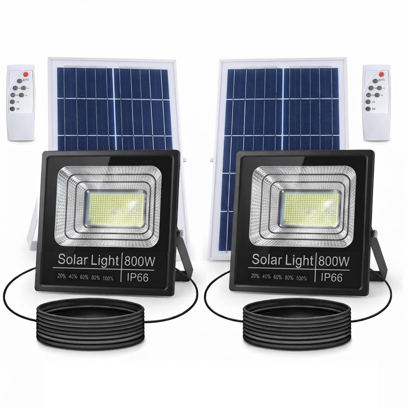Set 2x Faro Solare LED 800W con Pannello Solare, Luce Esterno 6500K Ultra Potente, Sensore Crepuscolare Automatico, Telecomando, IP66 Impermeabile, Faretti da Esterno per Giardino, Cortile, Strada