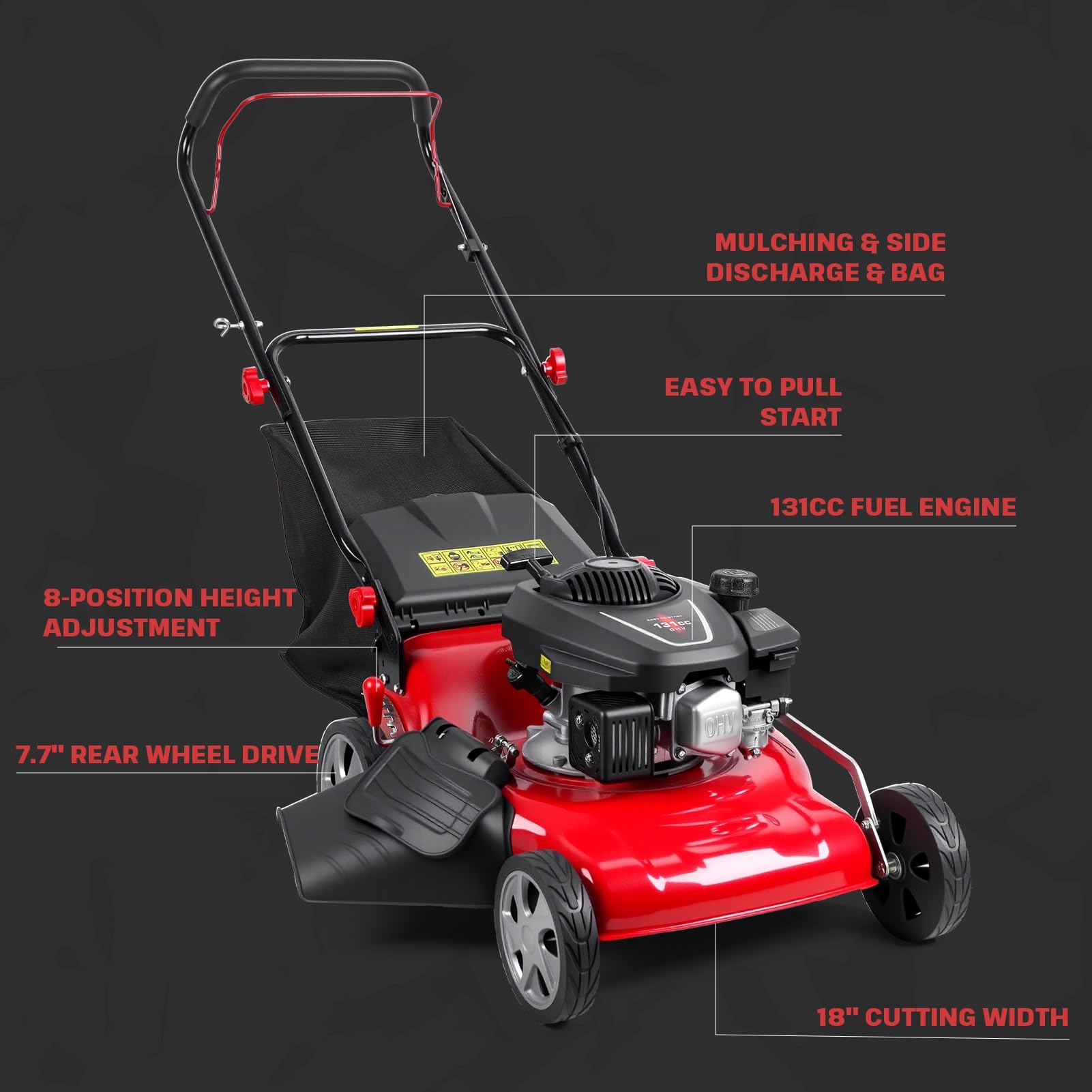 Cortacésped autopropulsado plegable de 19 pulgadas, cortacésped de gas 3 en 1 con motor de 4 ciclos de 131 cc, embolsado, mantillo y descarga lateral, altura de corte ajustable de 8 posiciones, fácil