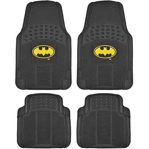 BDK Warner Bros Batman Rubber Floor Mats Car Accessories - Universal Fit, No-Slip Grip, All Weather Heavy Duty - 4 pc Trimmable Car Mats Set, Front 27x18, Rear 17.25x13.25