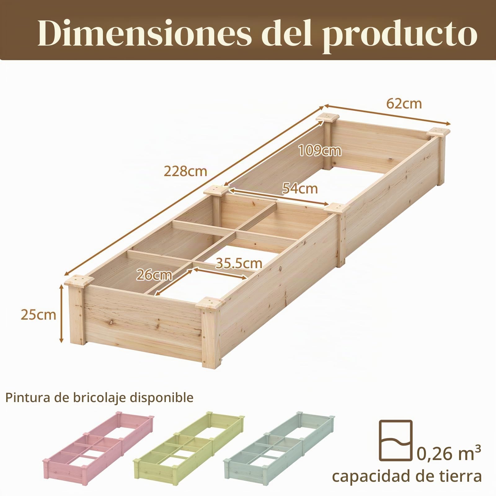 HOMASIS Huerto de Madera Elevado Cuadrado, Jardinera Exterior con 2 contenedores y separadores para Flores, Verduras, Frutas, Hierbas aromáticas para terraza, balcón, 228x62x25cm, Natural