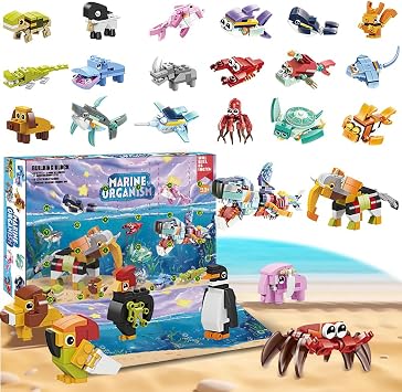 24 PCS Mini Building Blocks,Ocean Animal Building Blocks Set, Mini Ocean Building Toys with Whale,STEM Educational Toys,Ocean World Building Sets for Boys Girls Birthday Party Favors