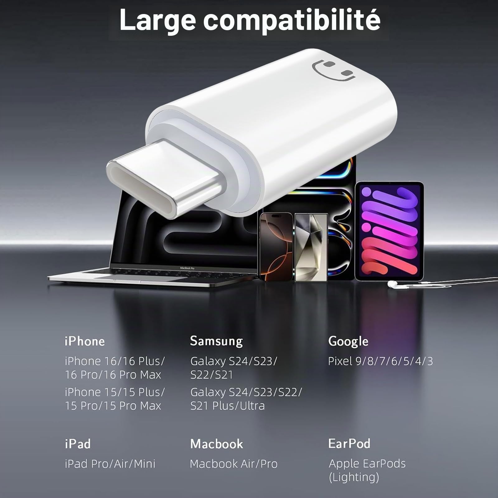 Adaptateur USB C vers Lightning Audio, USB C mâle vers Lightning, Compatible iPhone 16/15, Blanc
