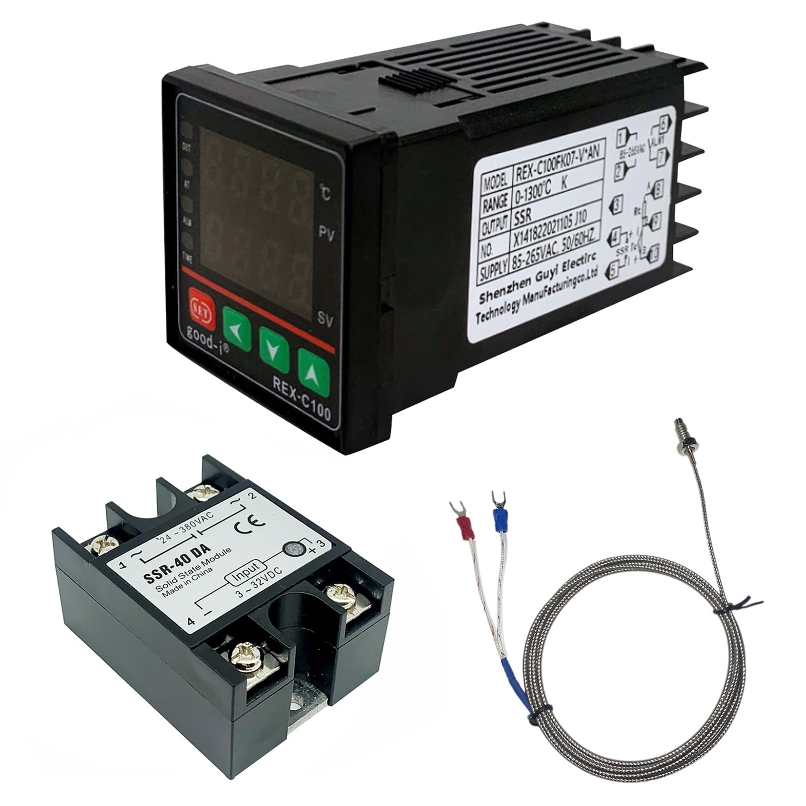 Digital Temperature Controller REX-C100, 0 ℃ ~ 1300 ℃ Alarm PID Temperature Controller Kits Digital Intelligent Thermostat Relay Output with K-Type Thermocouple Temperature Sensor