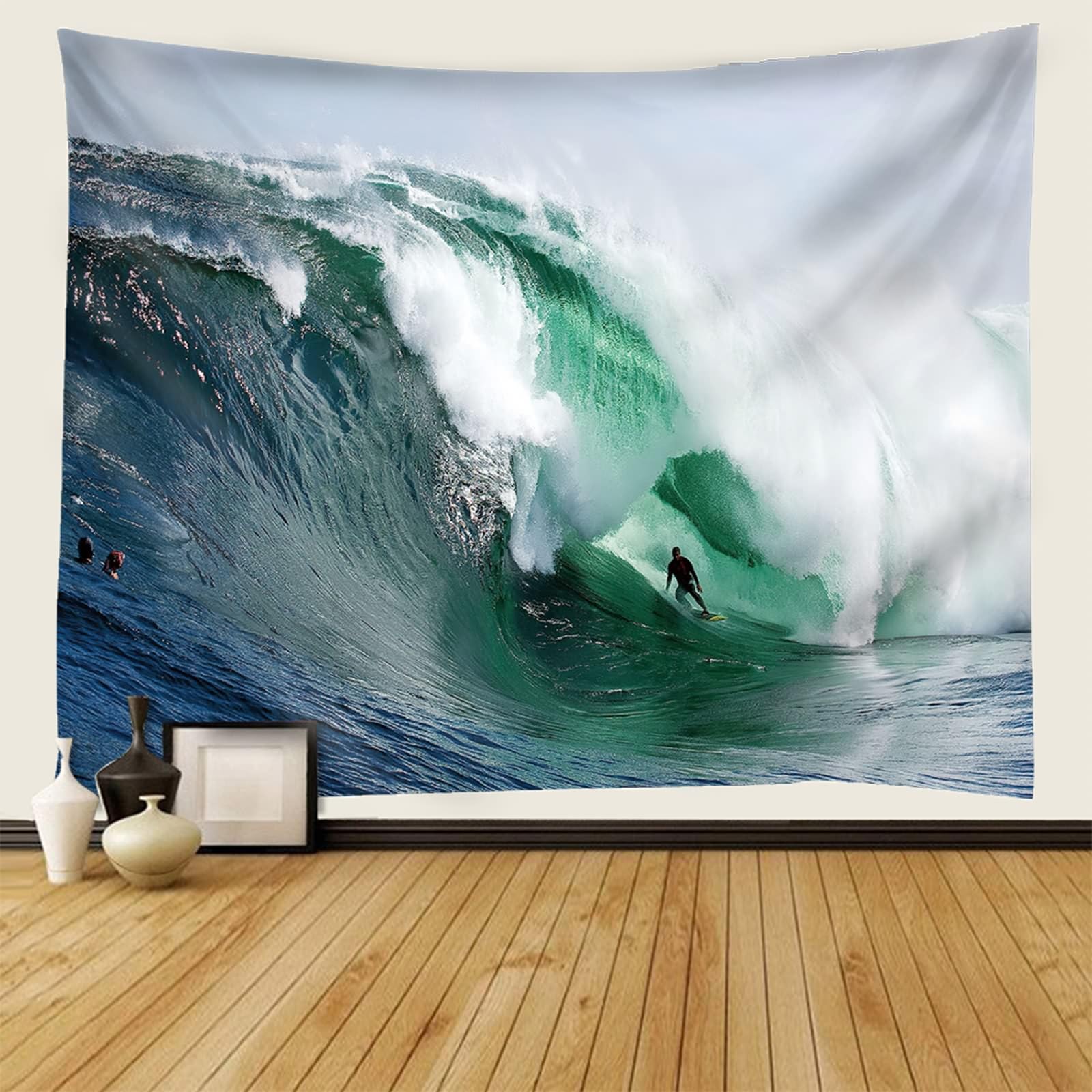 Tappeto Parete Soggiorno, Onda dell'Oceano e Surfista da Appendere alla Parete per la Decorazione della casa, 300x256cm