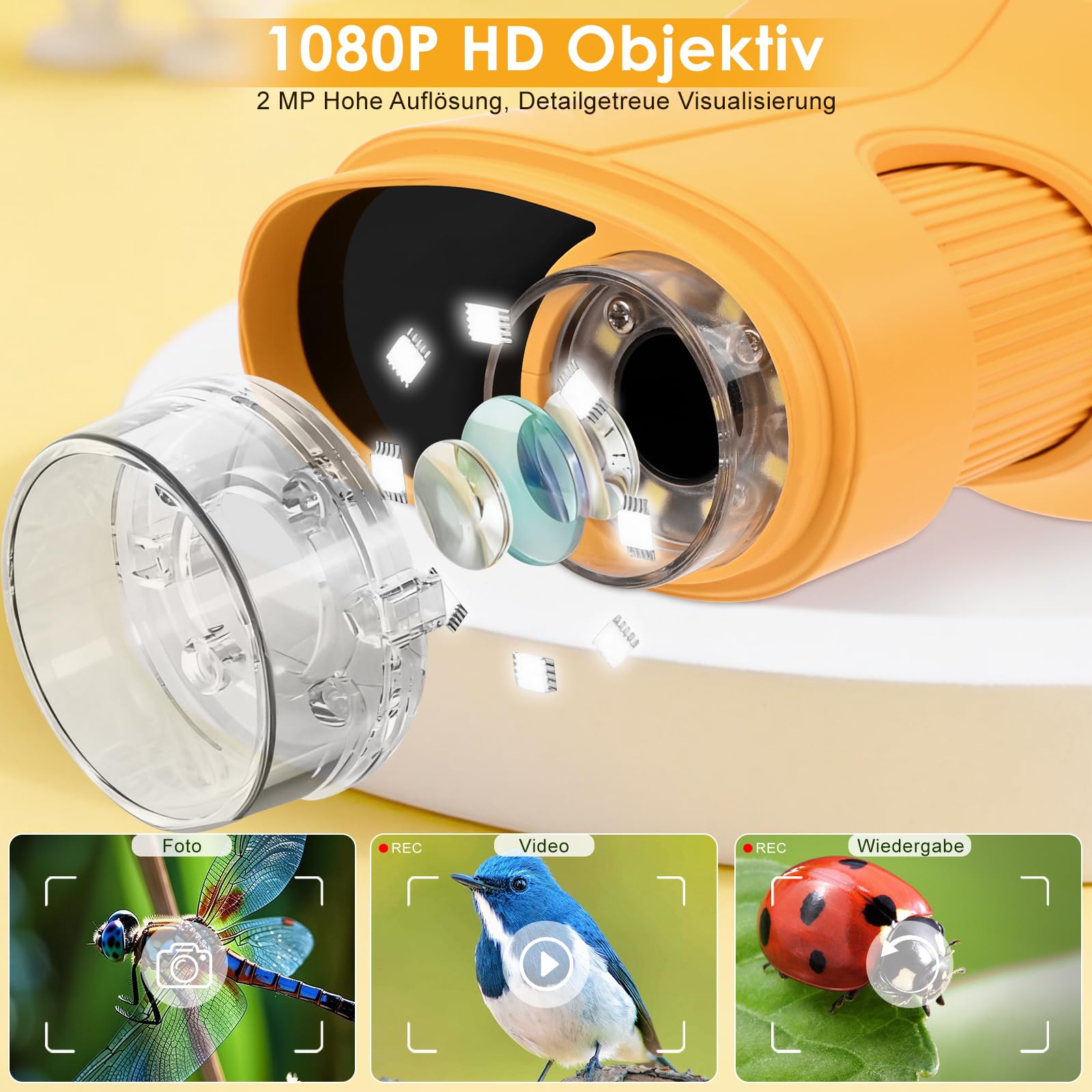 Mikroskop für Kinder 1000X 4K Digitales Mikroskop für Kinder mit 1080P HD 2,4″ IPS-Display & 8 LED, 1080P HD Tragbares Mikroskops,USB-aufladbar,Science Draussen ab 3 Jahren (Orange)